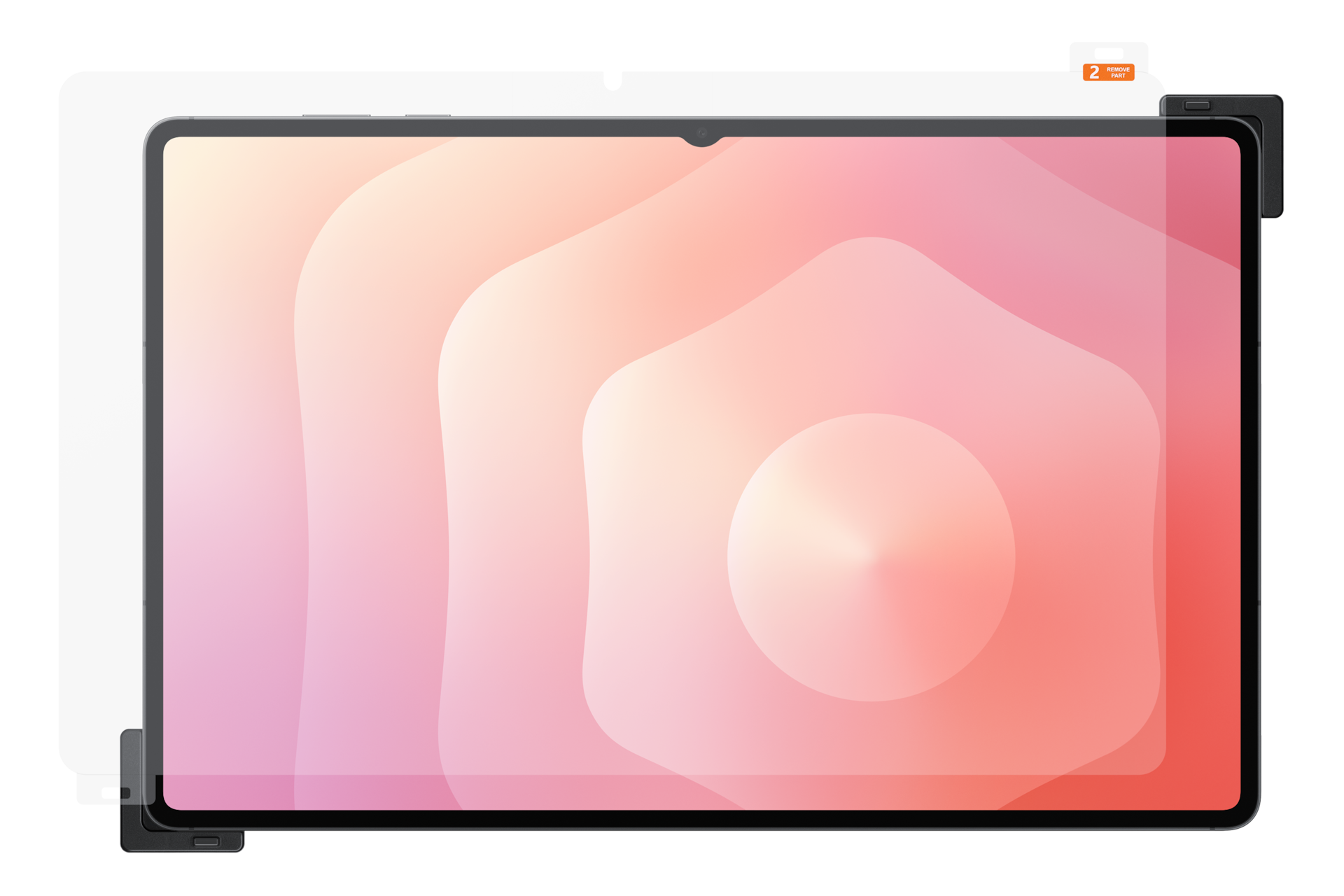 Tablet z ochraniaczem ekranu. Ekran wyświetla gradient różu i pomarańczu. Ochraniacz ma zakładkę do odrywania.