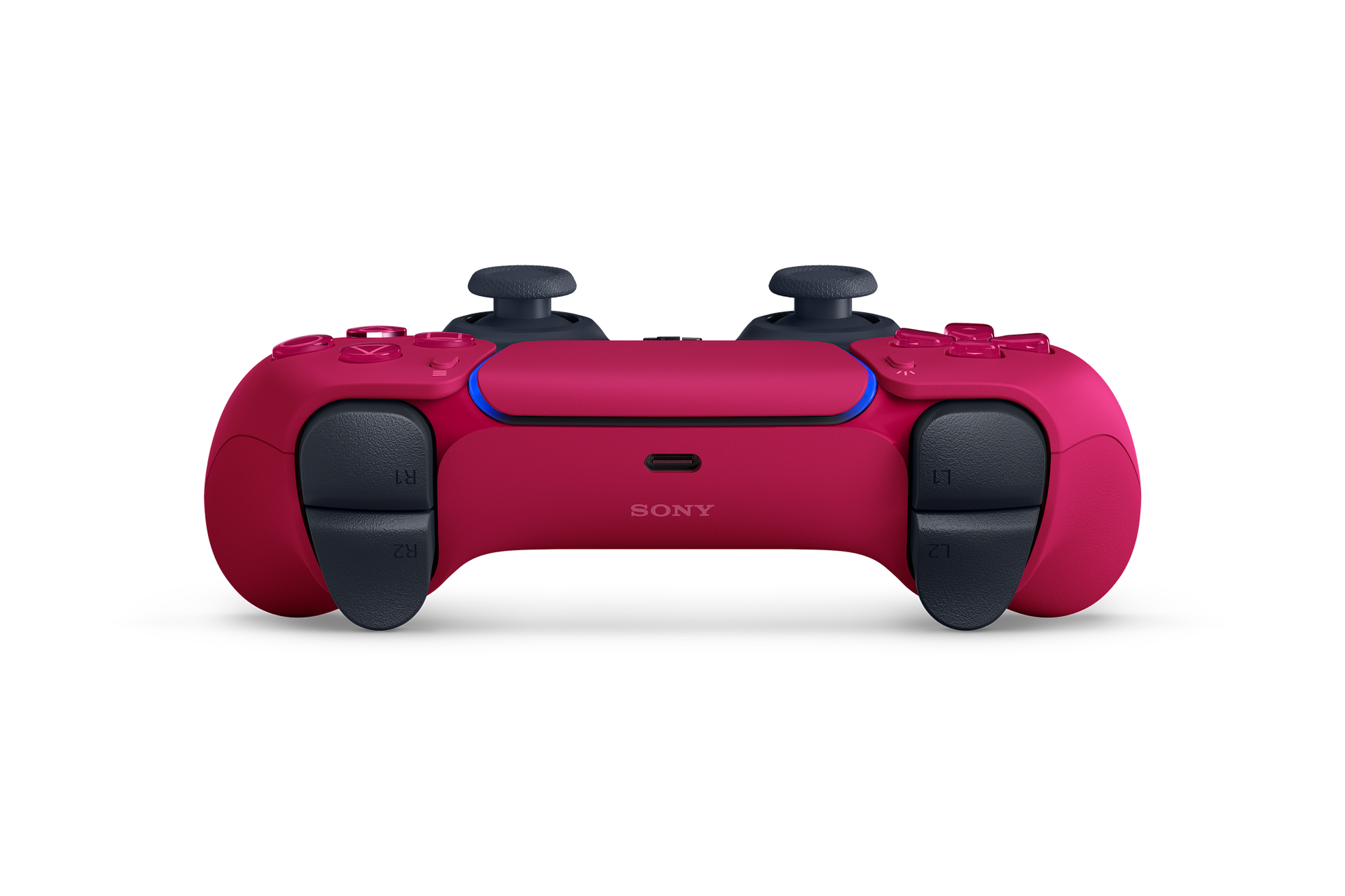 Ein magenta PlayStation 5-Controller ist vor weißem Hintergrund zentriert. Er hat schwarze Thumbsticks und Knöpfe.