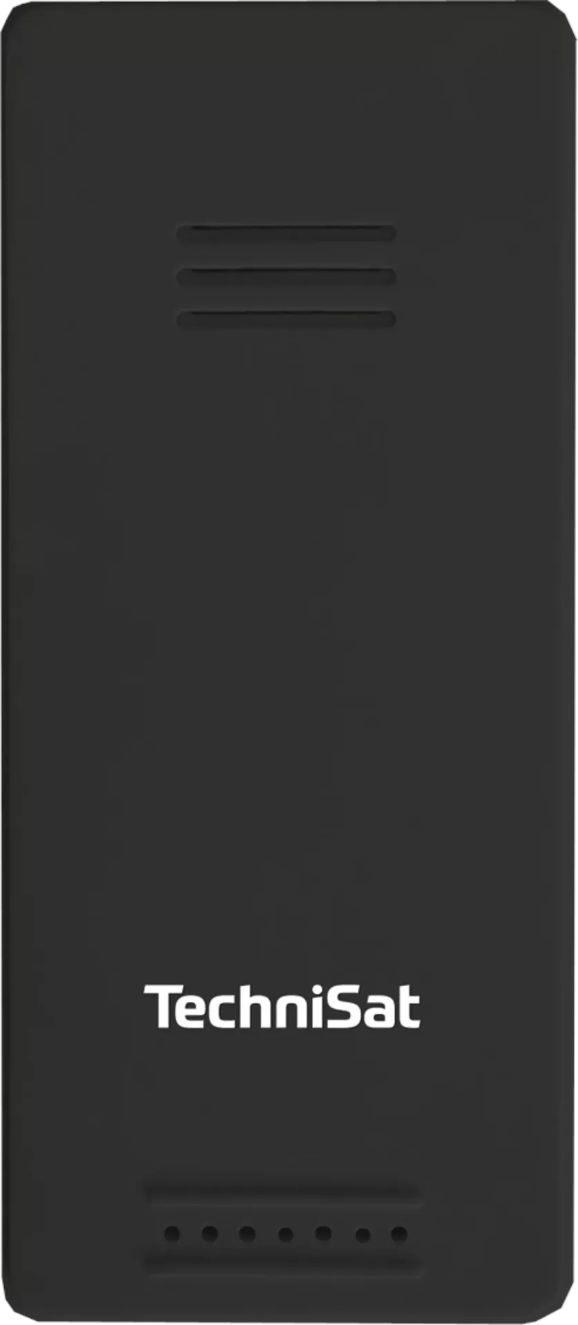 Czarne urządzenie z logo TechniSat. Trzy poziome linie na górze. Kilka kropek na dole.