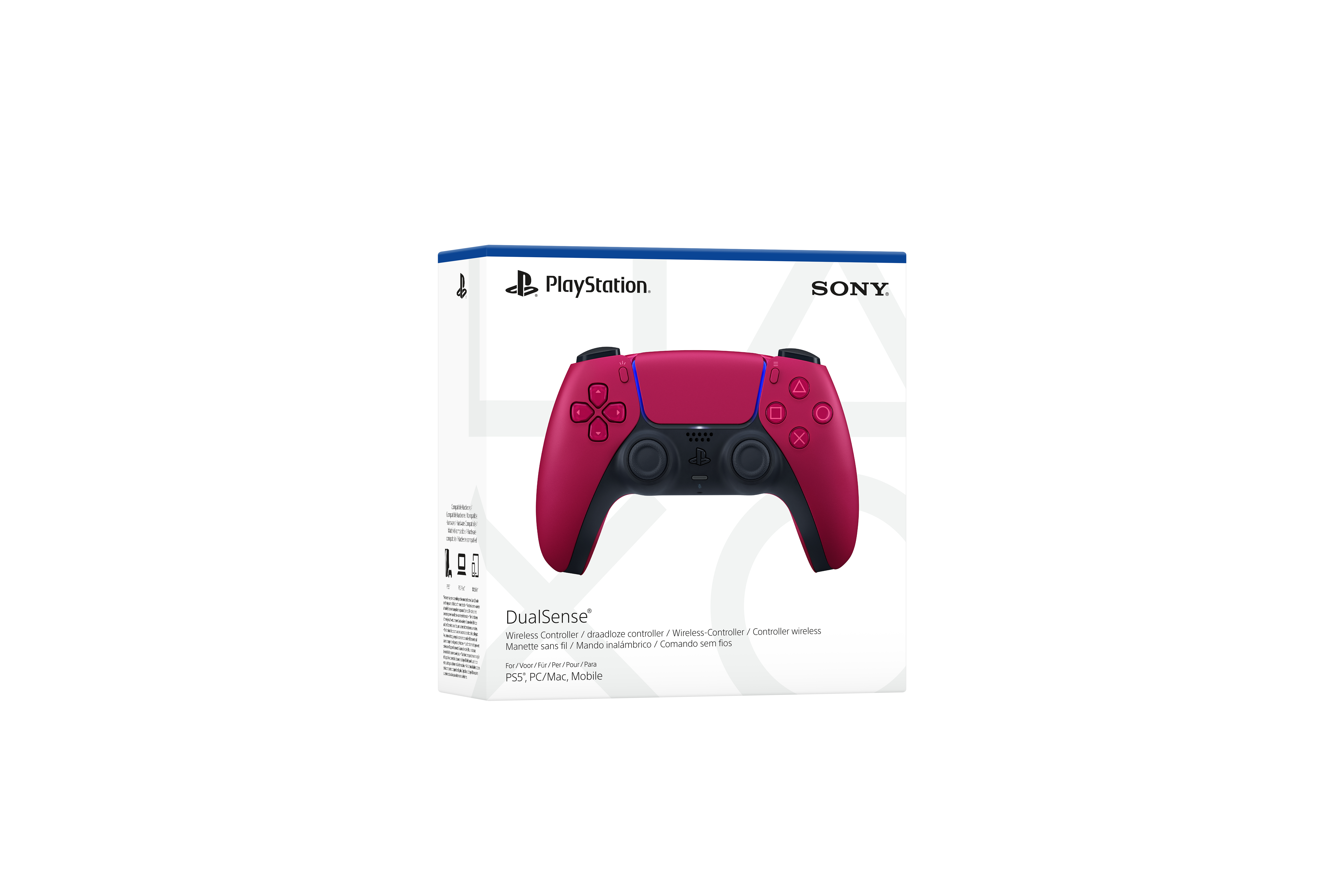 Eine Box mit einem roten DualSense-Controller, PlayStation- und Sony-Logos sind sichtbar. Die Box ist weiß.