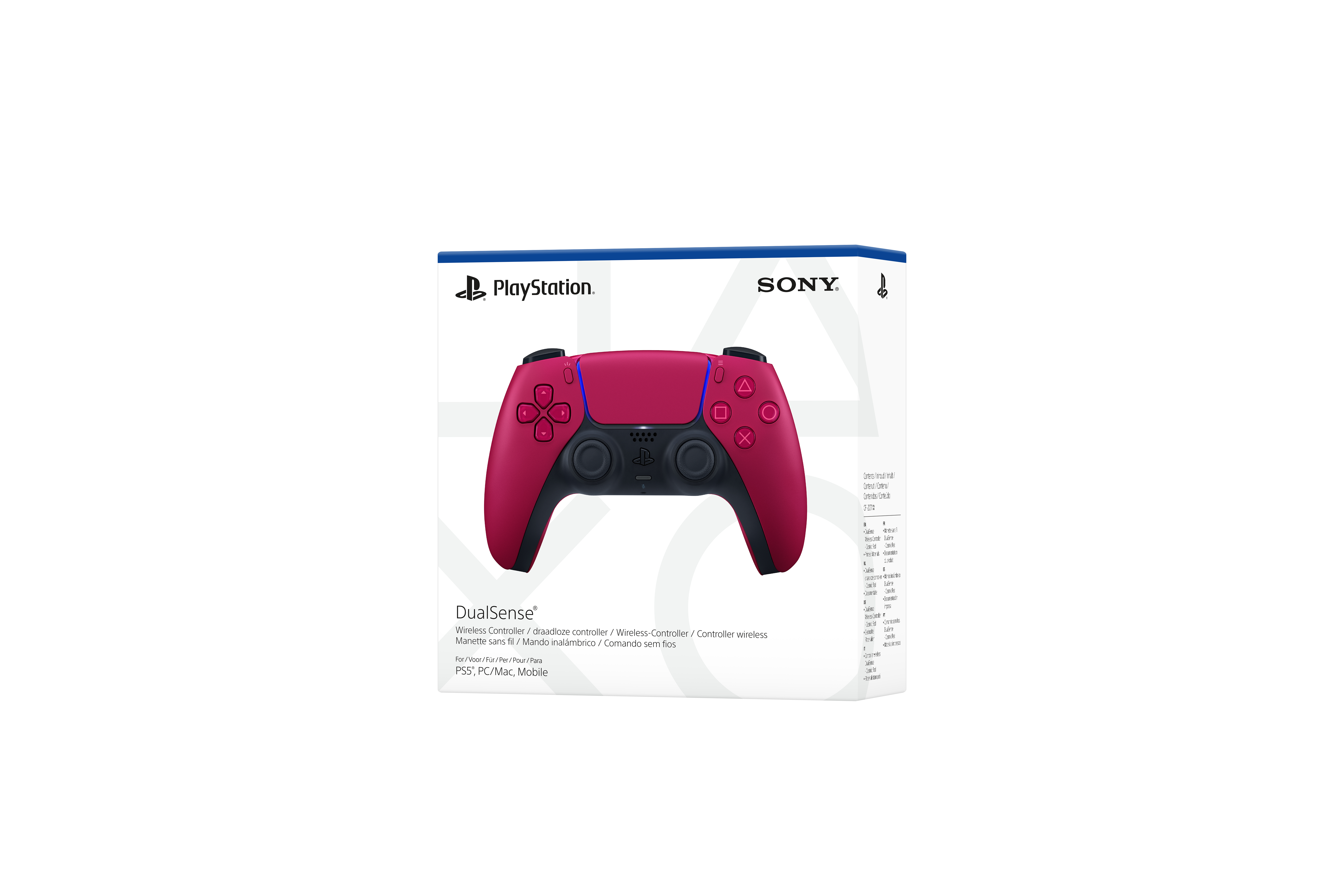 Eine kastanienrote DualSense-Controller-Box. Der Controller ist sichtbar, mit Knöpfen und einem Sony-Logo.
