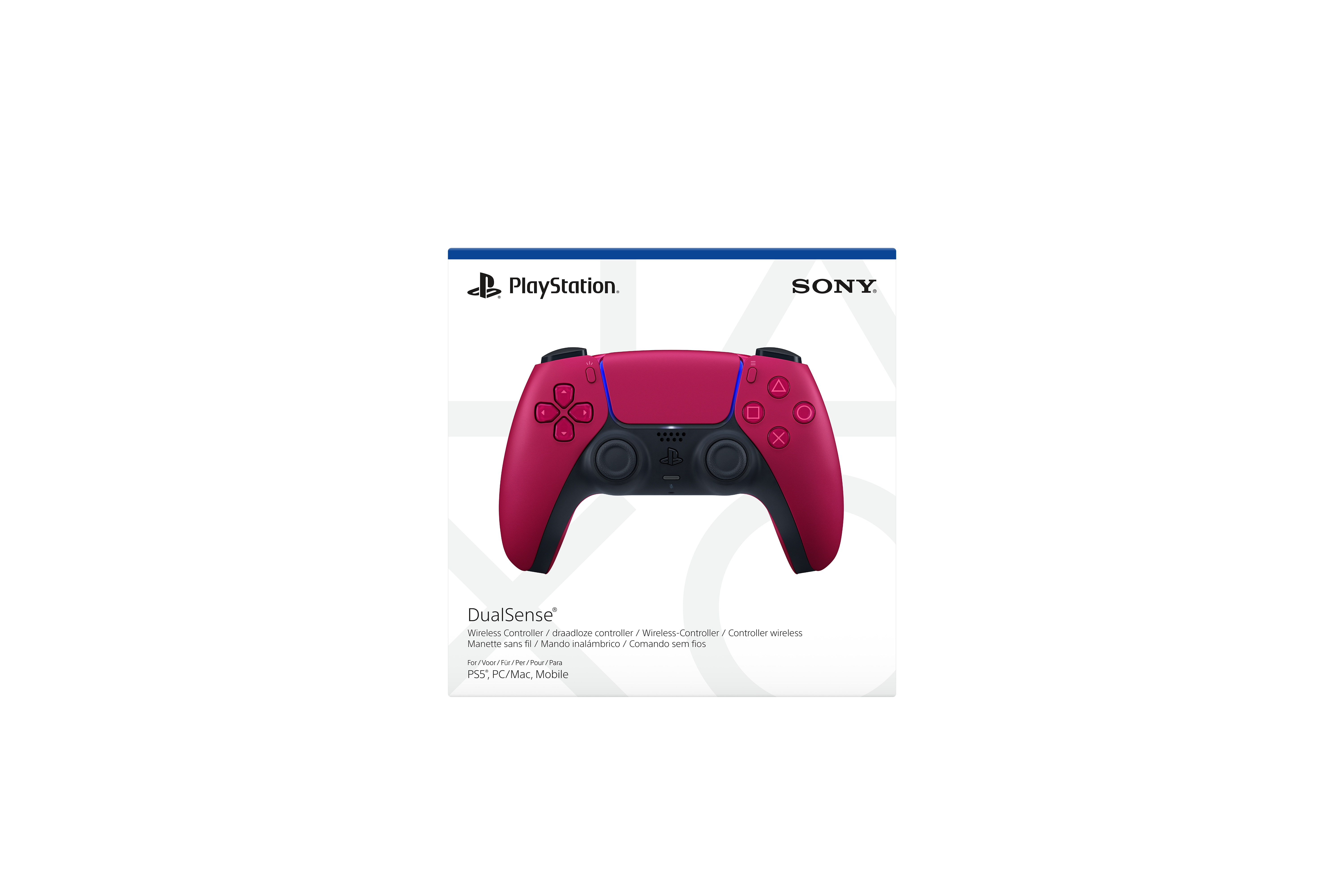 Ein roter und schwarzer PlayStation DualSense Controller. Das Bild enthält die PlayStation- und Sony-Logos.