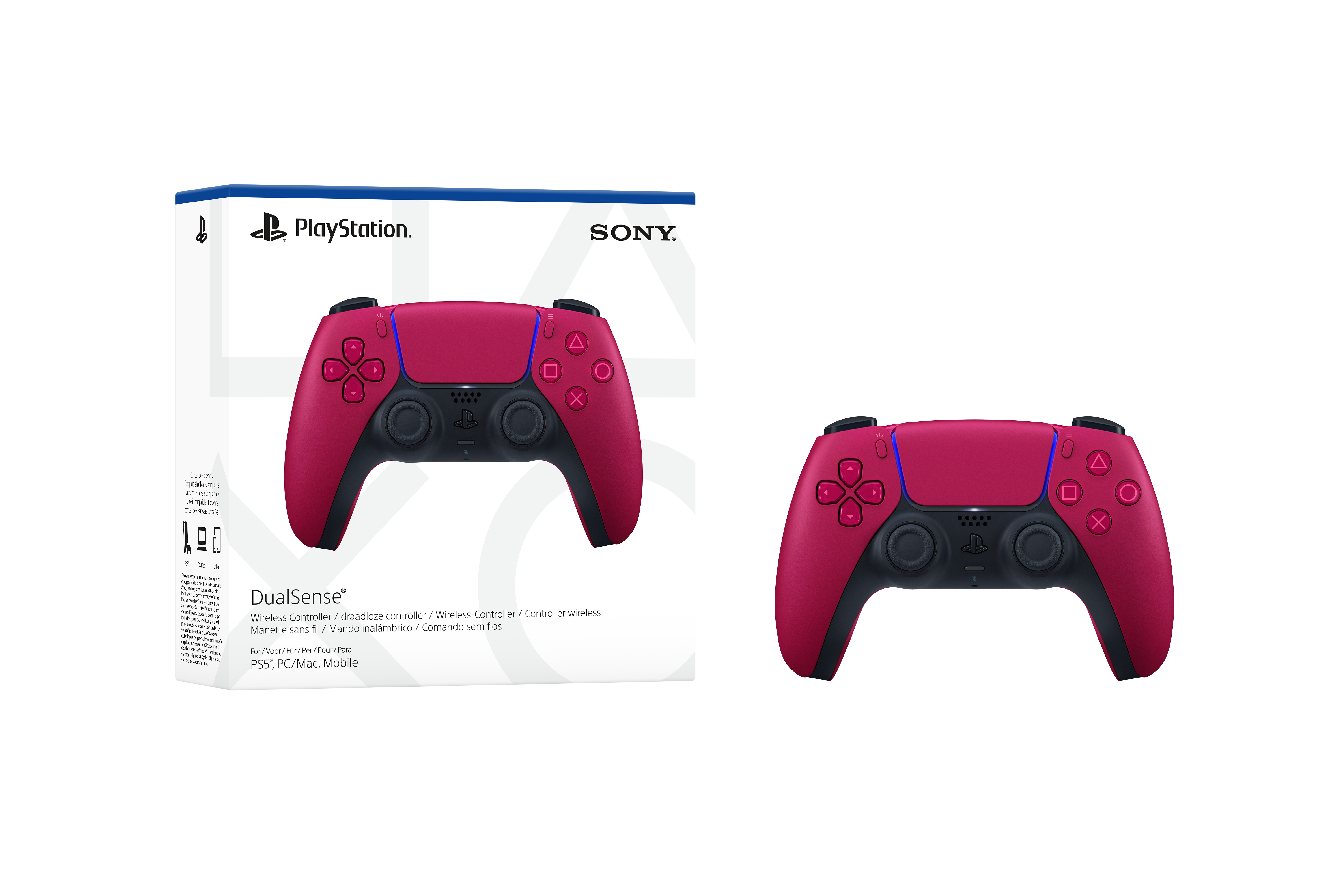 Das Bild zeigt einen roten PlayStation DualSense-Controller und seine Box. Der Controller hat Knöpfe und ein Touchpad.