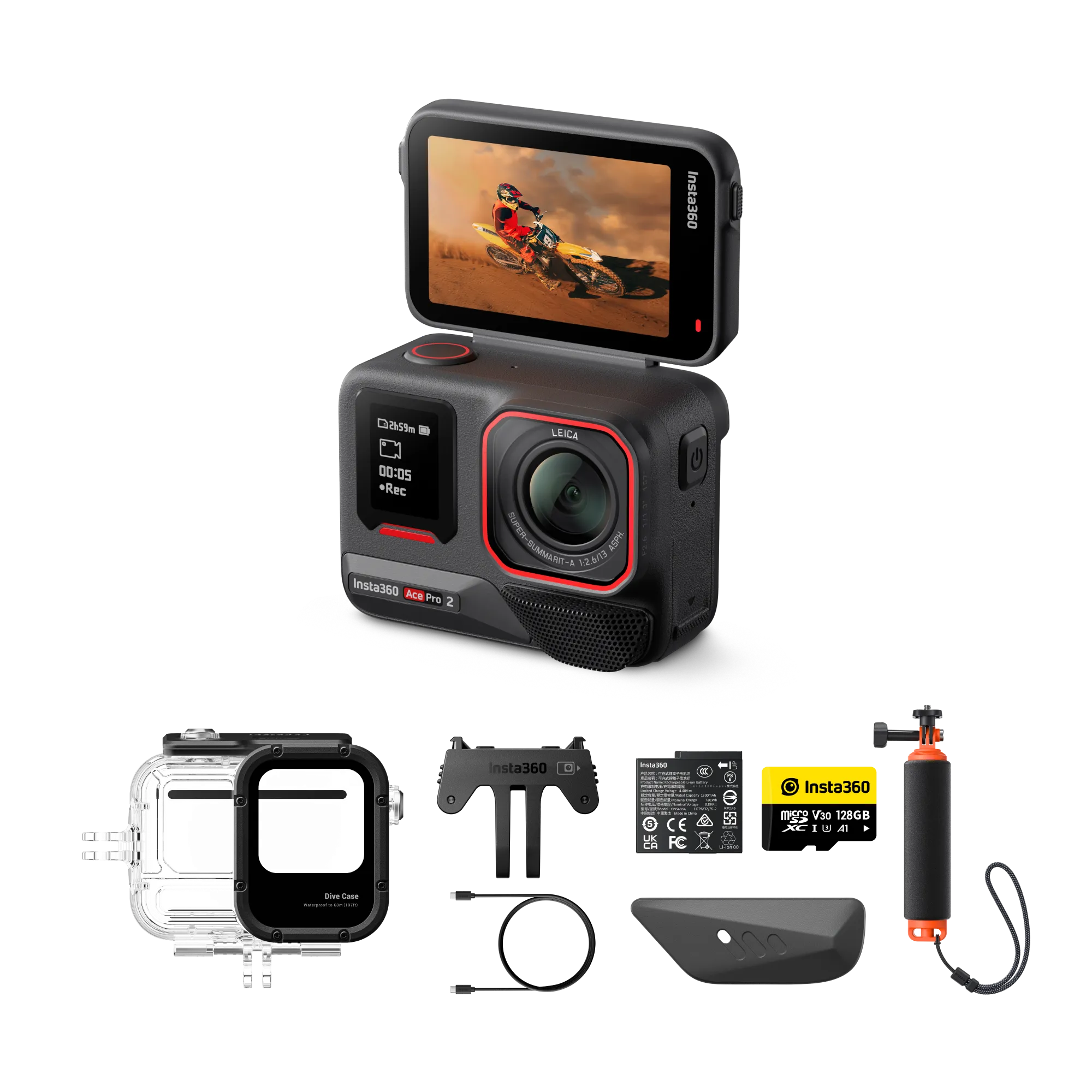 Eine Insta360-Kamera mit Zubehör. Der Kamerabildschirm zeigt eine Person auf einem Dirtbike. Inklusive Tauchgehäuse und Stativ.