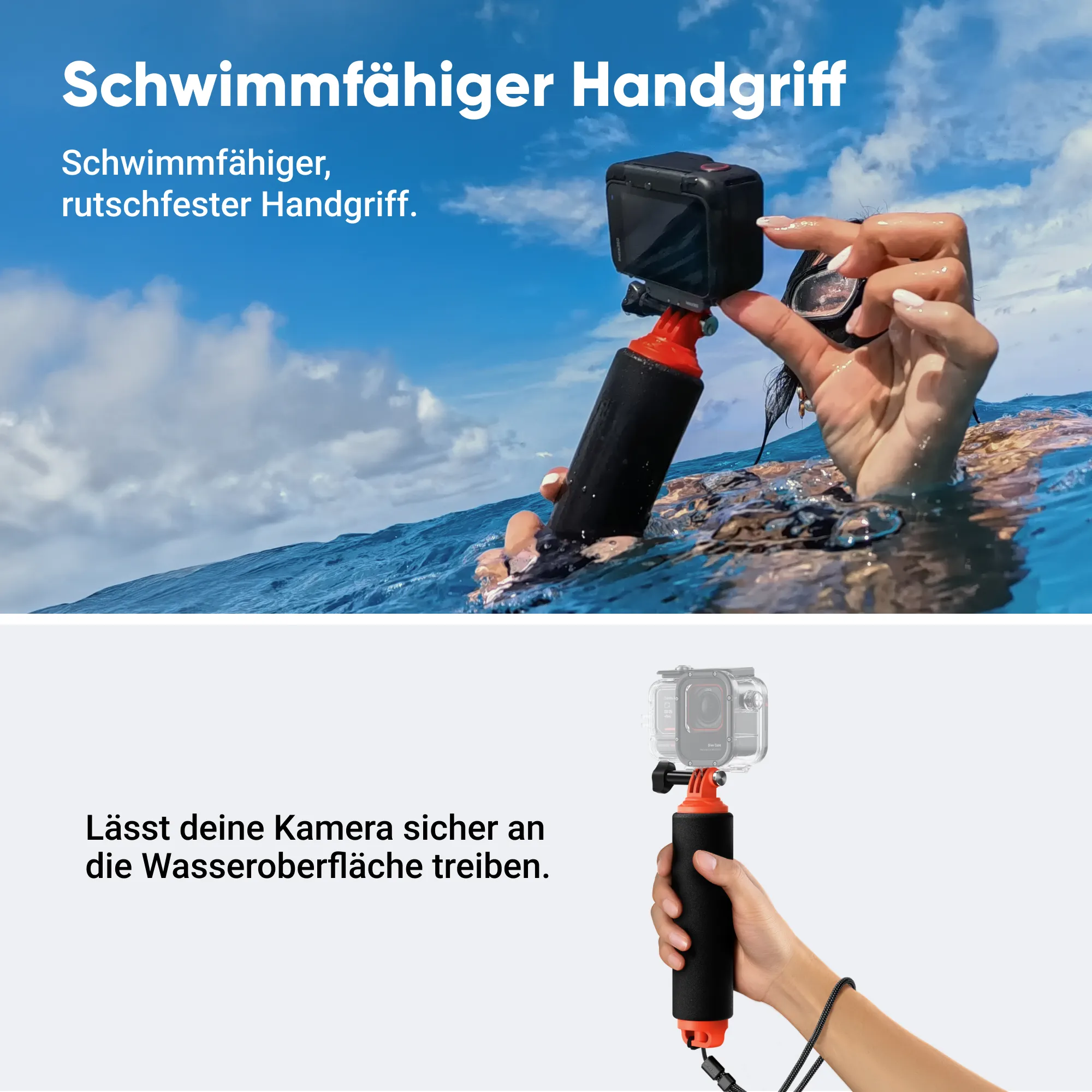 Eine Person hält eine schwarze Kamera mit einem rot-schwarzen Schwimmgriff im Wasser. Der Himmel ist blau mit Wolken.