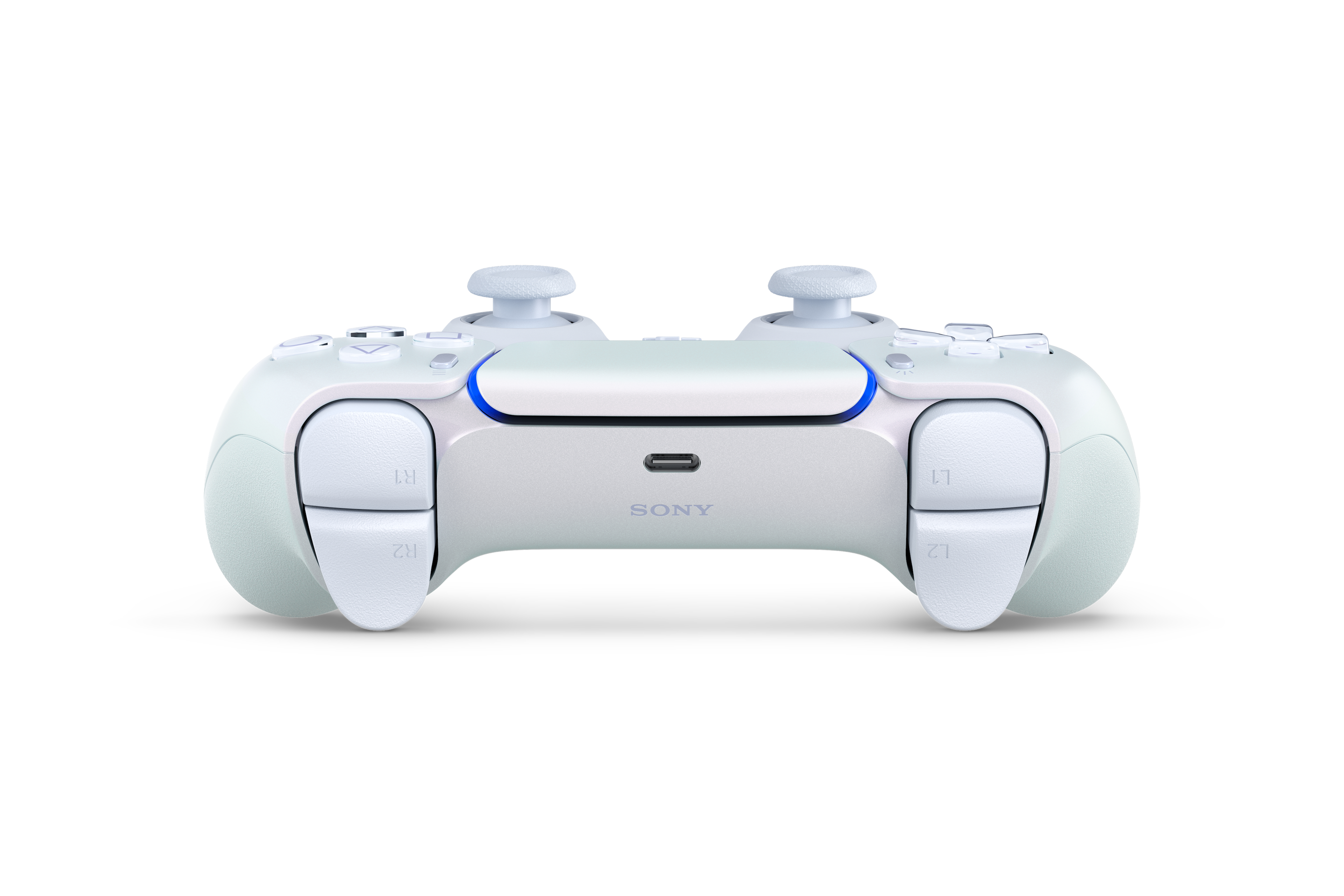Ein weißer Playstation 5-Controller mit Knöpfen und Analogsticks auf weißem Hintergrund. Der Markenname 'SONY' ist sichtbar.