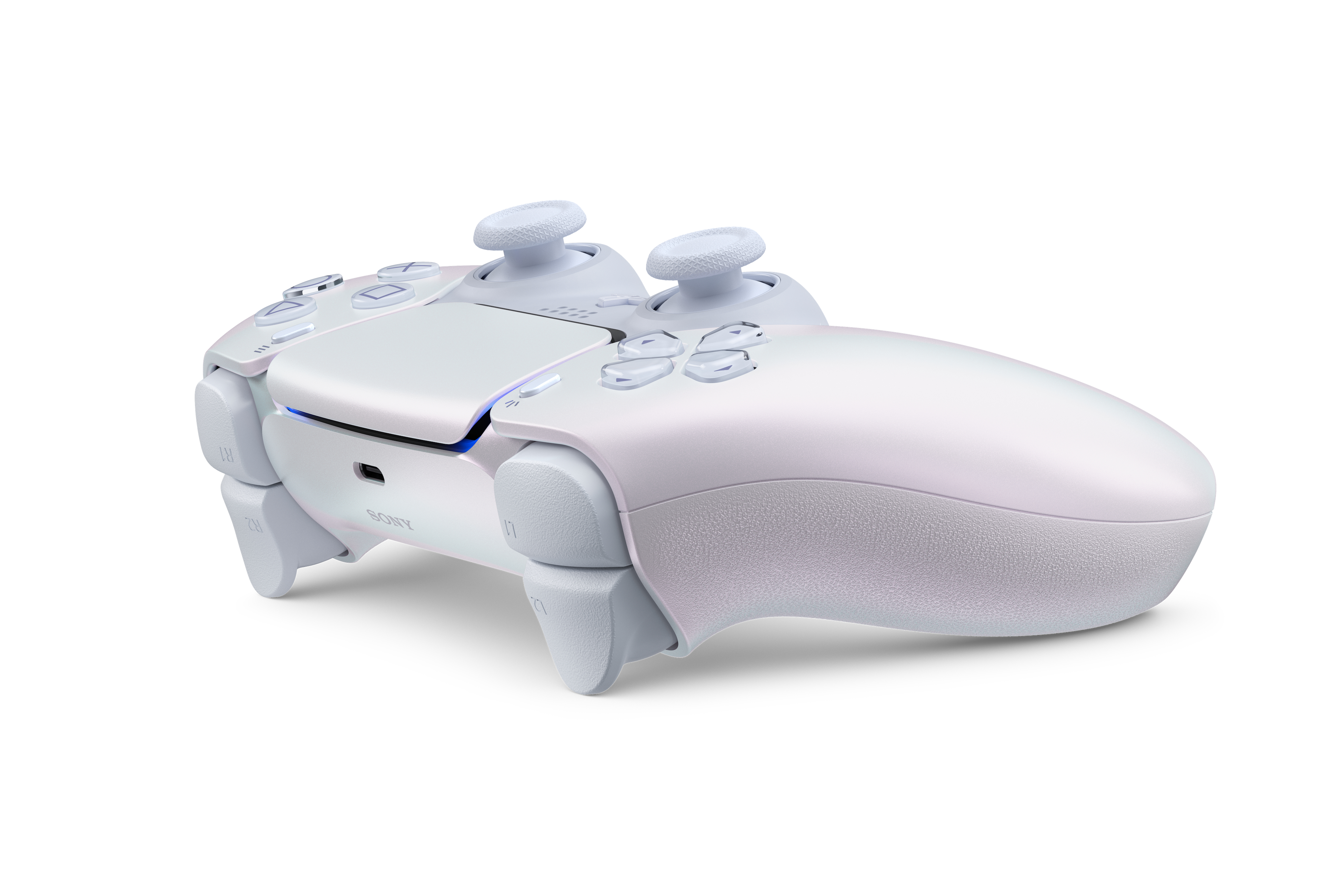 Ein weißer Playstation 5-Controller mit Knöpfen, Joysticks und dem Sony-Logo auf weißem Hintergrund.