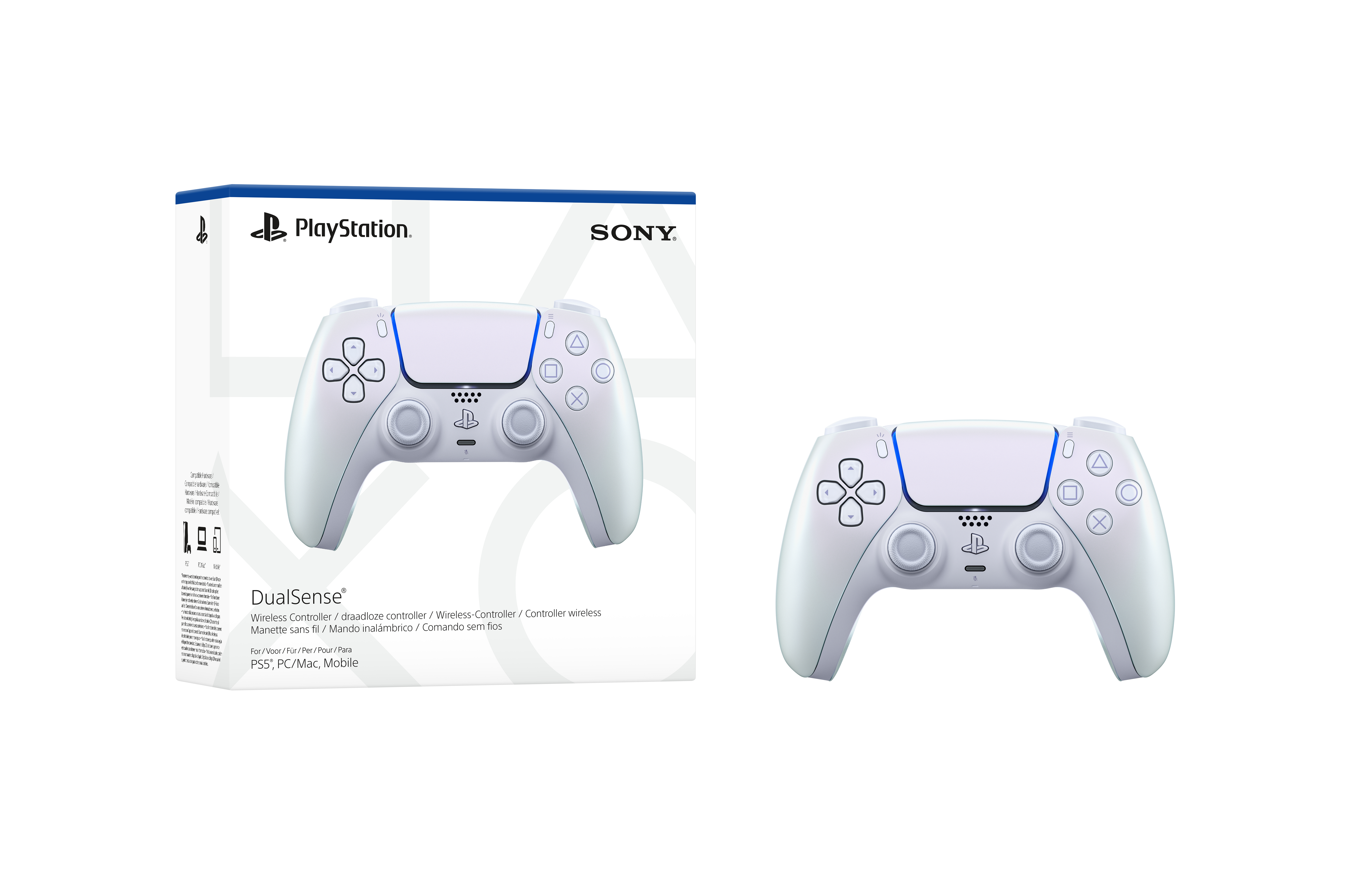 Das Bild zeigt einen weißen PlayStation DualSense-Controller und seine Verpackung. Der Controller ist auf weißem Hintergrund.