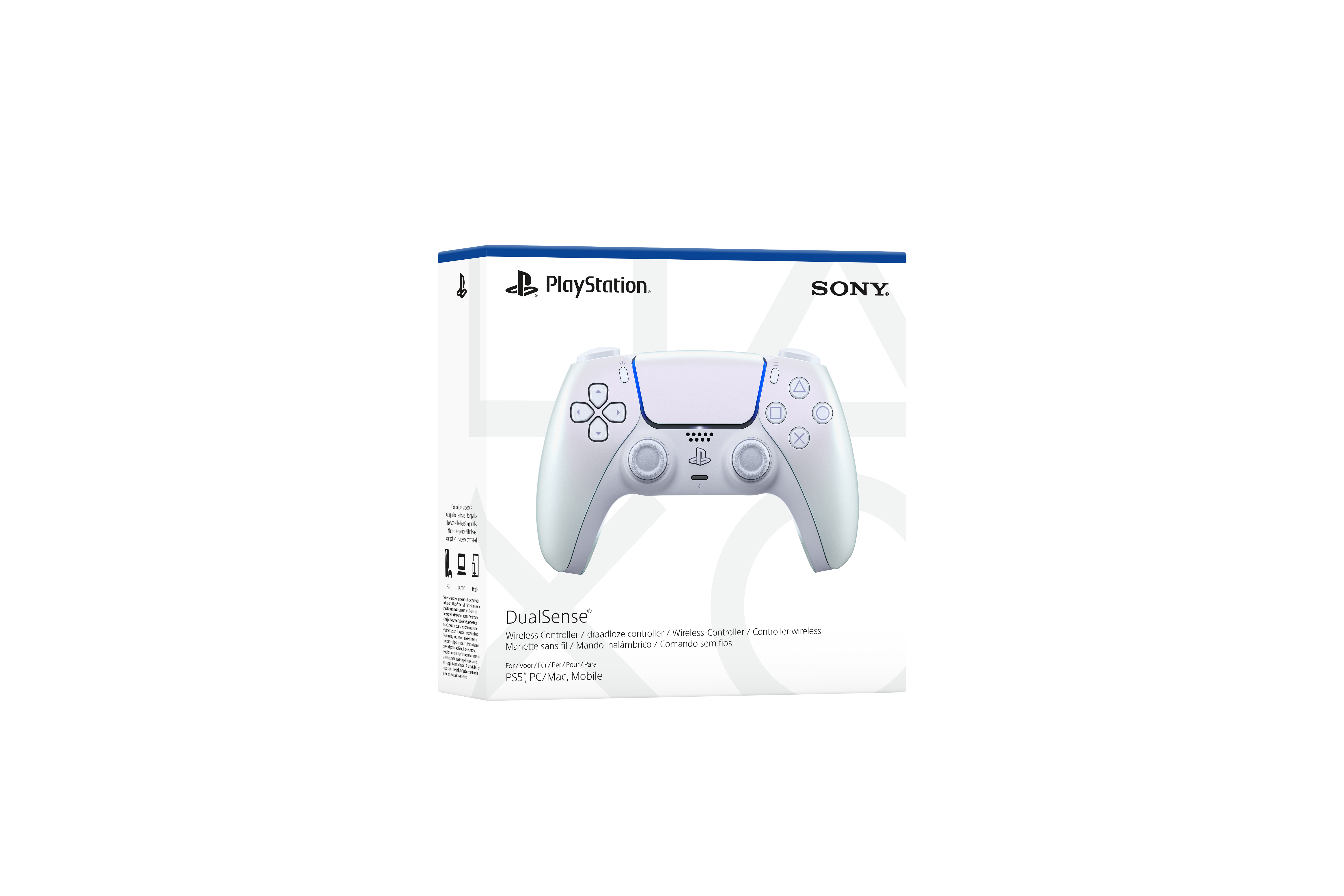 Eine weiße Playstation DualSense Controller-Box mit sichtbarem Controller. Das Sony-Logo ist auf der Box.