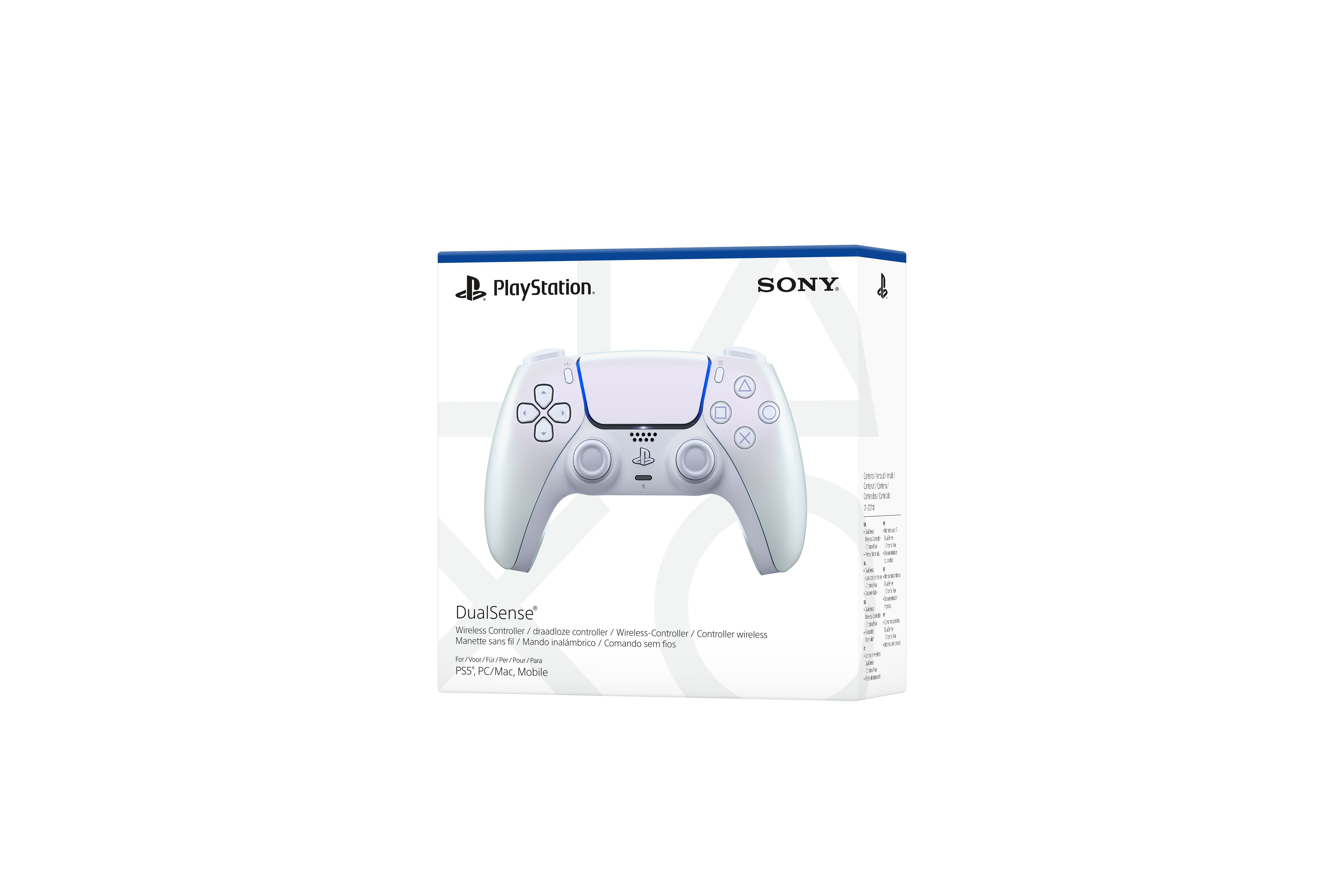 Eine weiße Playstation DualSense-Controller-Box. Der Controller ist auf der Box abgebildet. Das Sony-Logo ist sichtbar.