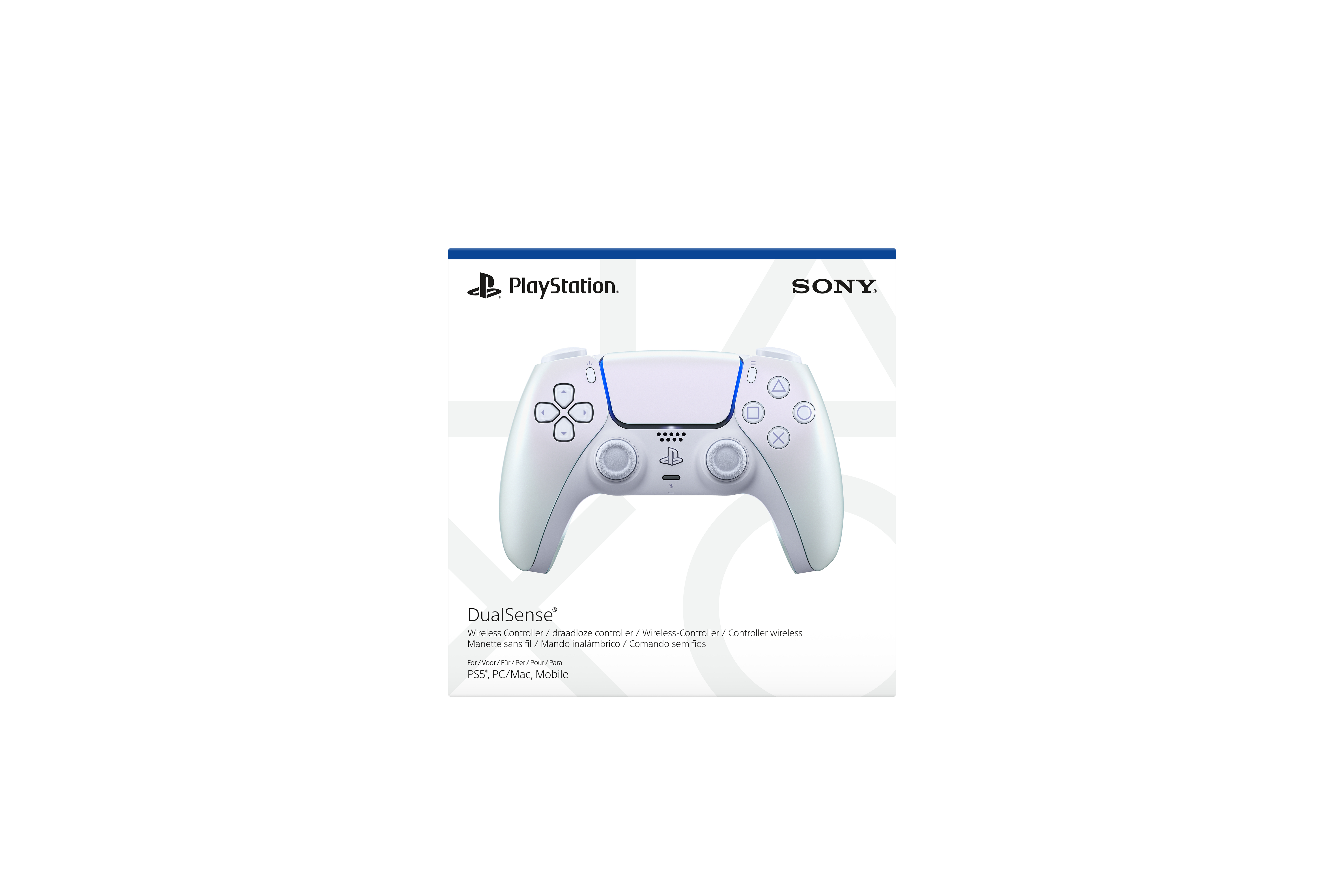 Ein weißer DualSense-Controller für die PlayStation 5 mit Knöpfen und einem zentralen Touchpad auf weißem Hintergrund.