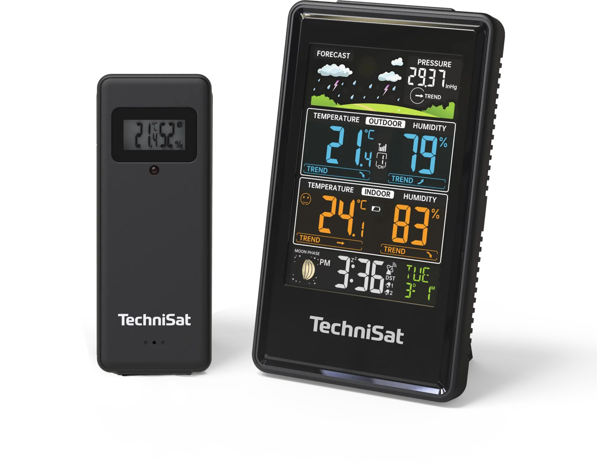 Czarna stacja pogodowa TechniSat pokazuje temperaturę, wilgotność i godzinę. Oddzielny czarny czujnik pokazuje godzinę i temperaturę.