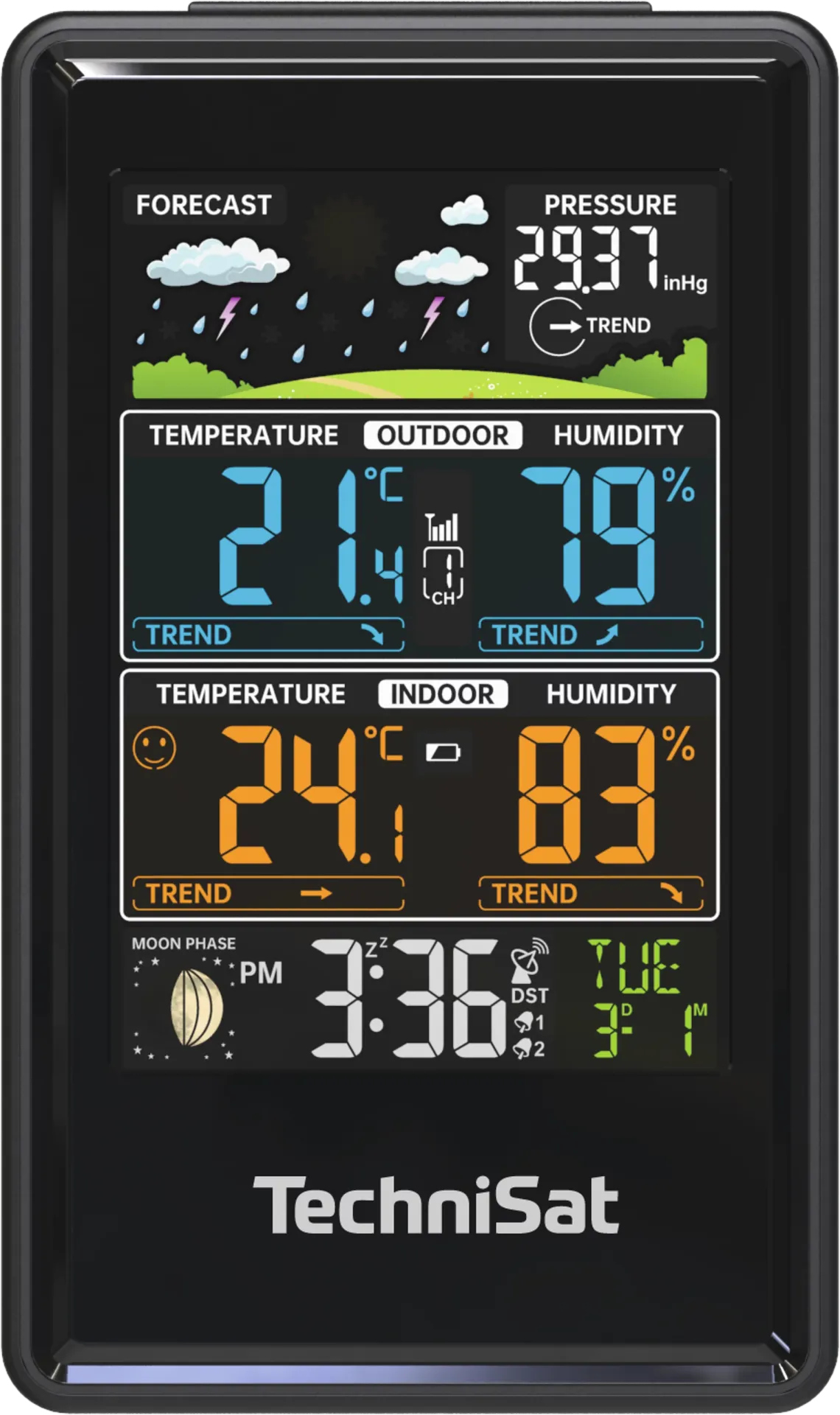 Czarna stacja pogodowa TechniSat wyświetlająca prognozę, temperaturę, wilgotność, godzinę i datę. Temperatura zewnętrzna wynosi 21,4°C, a wewnętrzna 24,1°C.