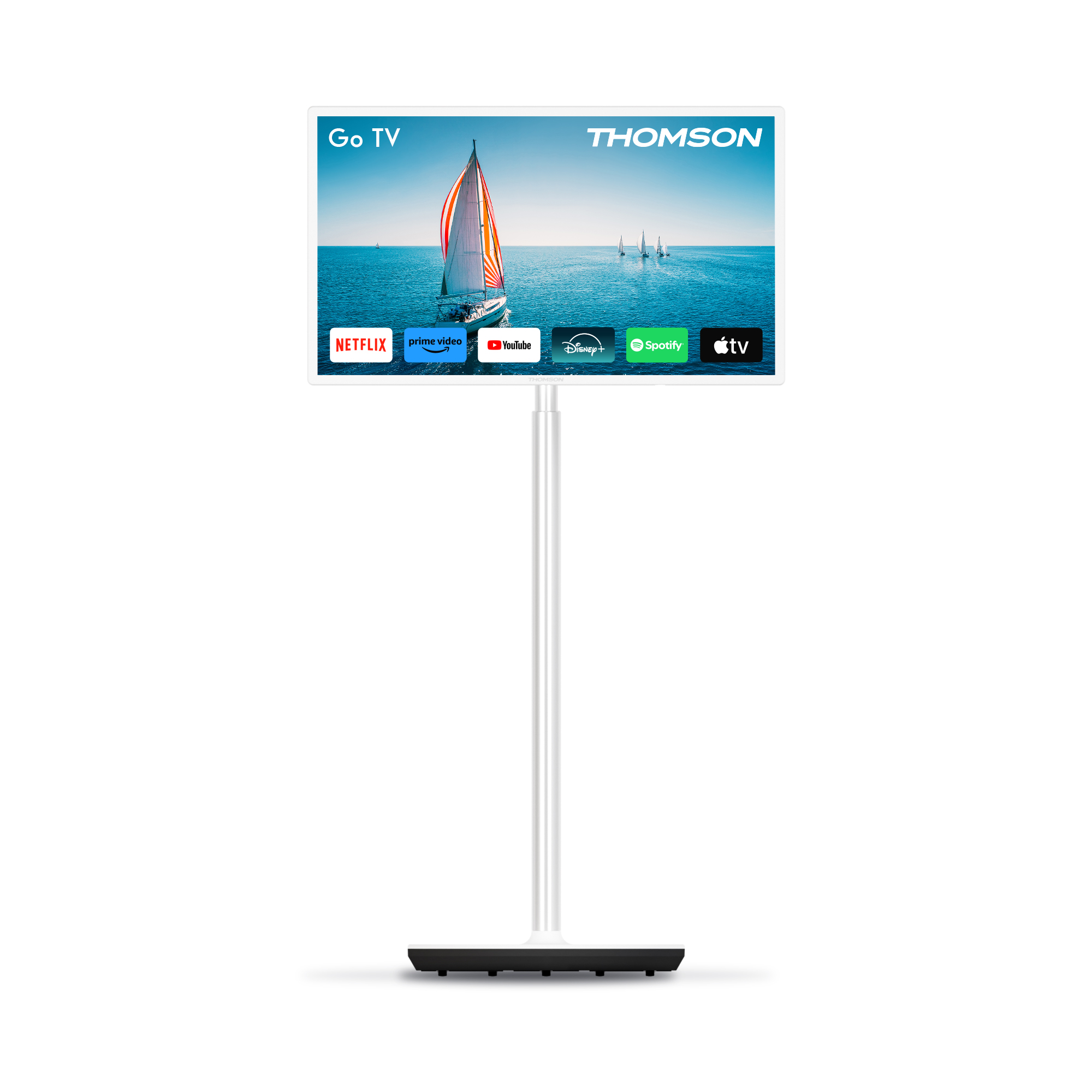 Un televisor Thomson Go blanco con una escena de navegación en pantalla, sostenido por un soporte blanco. Iconos de servicios de streaming.