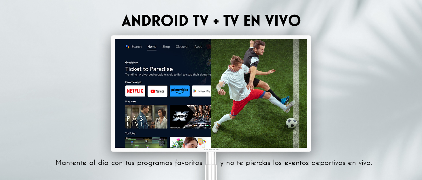 Android TV mostrando un partido de fútbol. Jugadores en campo verde. La pantalla muestra apps como Netflix y Youtube.