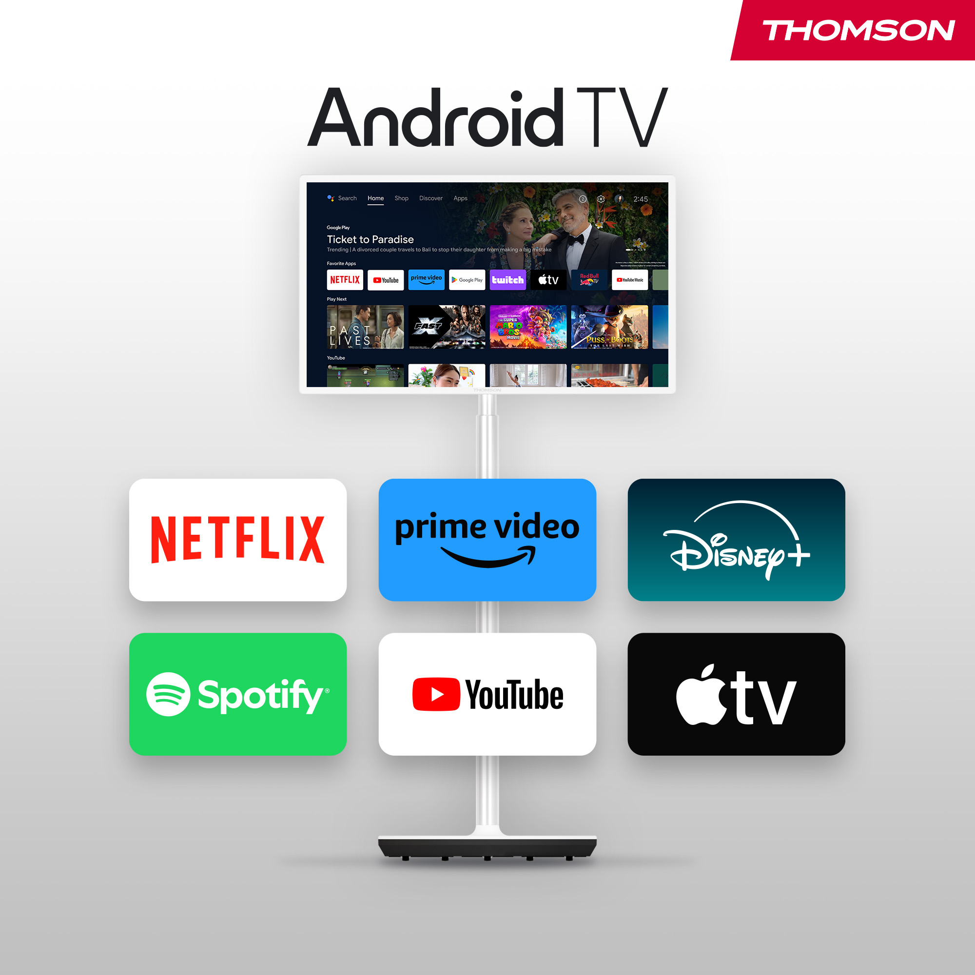 Android TV con logotipos de aplicaciones: Netflix, Prime Video, Disney+, Spotify, YouTube y Apple TV.