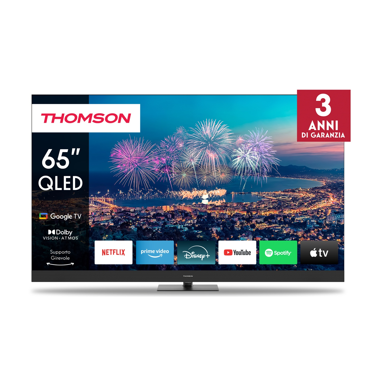 Thomson 65Qg6C14, Smart TV Qd-Led 65'', 4K, Dolby Atmos, Google TV, Controllo Vocale, Riduzione dinamica del rumore, Telecomando Bluetooth con