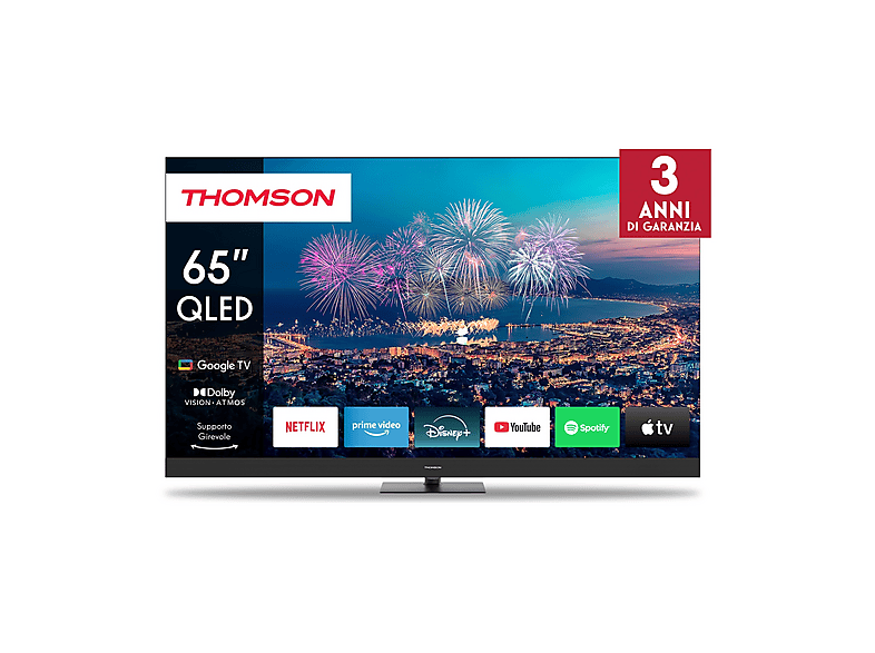 Thomson 65Qg6C14, Smart TV Qd-Led 65'', 4K, Dolby Atmos, Google TV, Controllo Vocale, Riduzione dinamica del rumore, Telecomando Bluetooth con