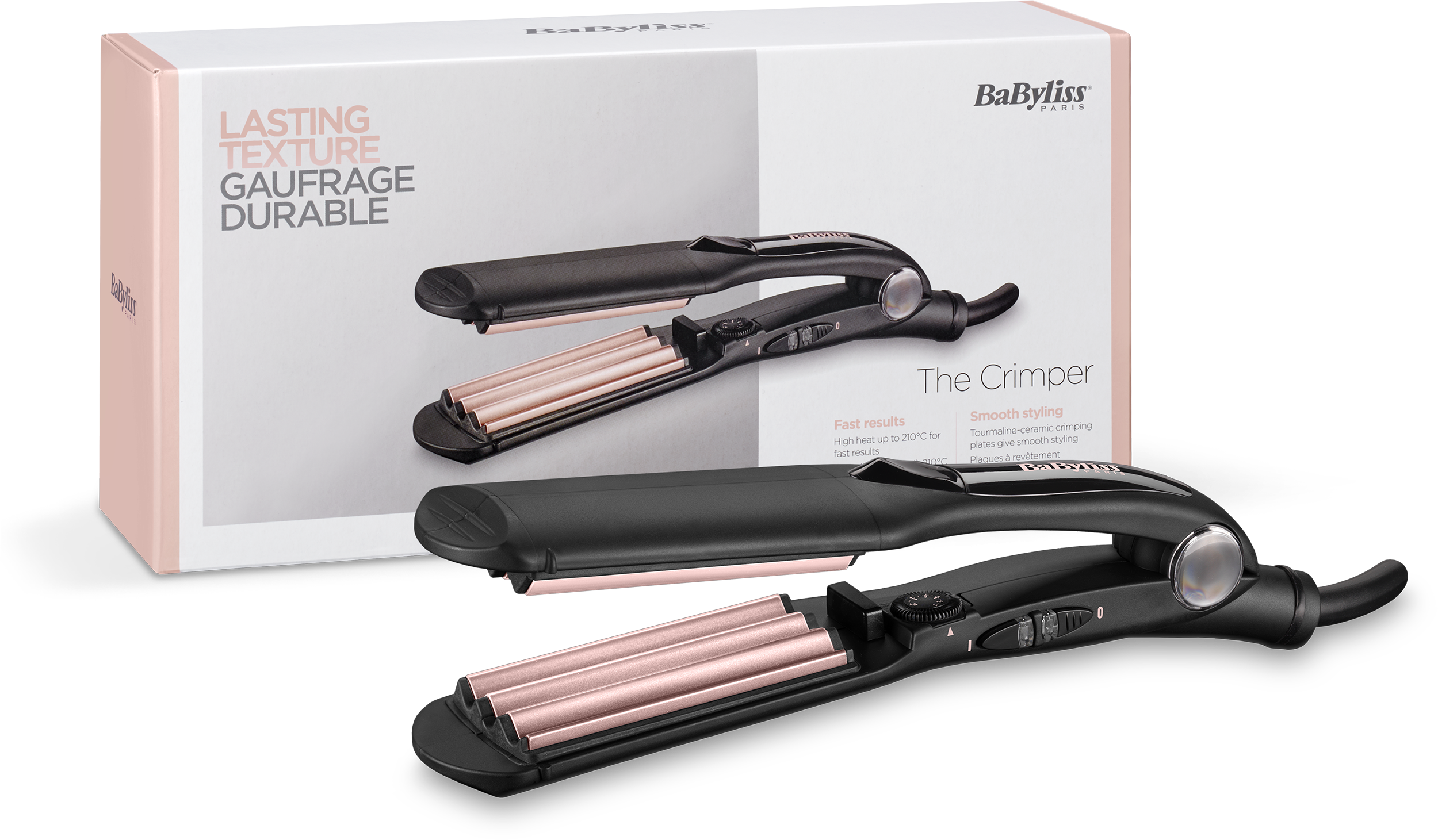 Egy fekete és rózsaarany hajformázó doboza. A dobozon a 'LASTING TEXTURE' és a 'BaByliss PARIS' felirat látható.