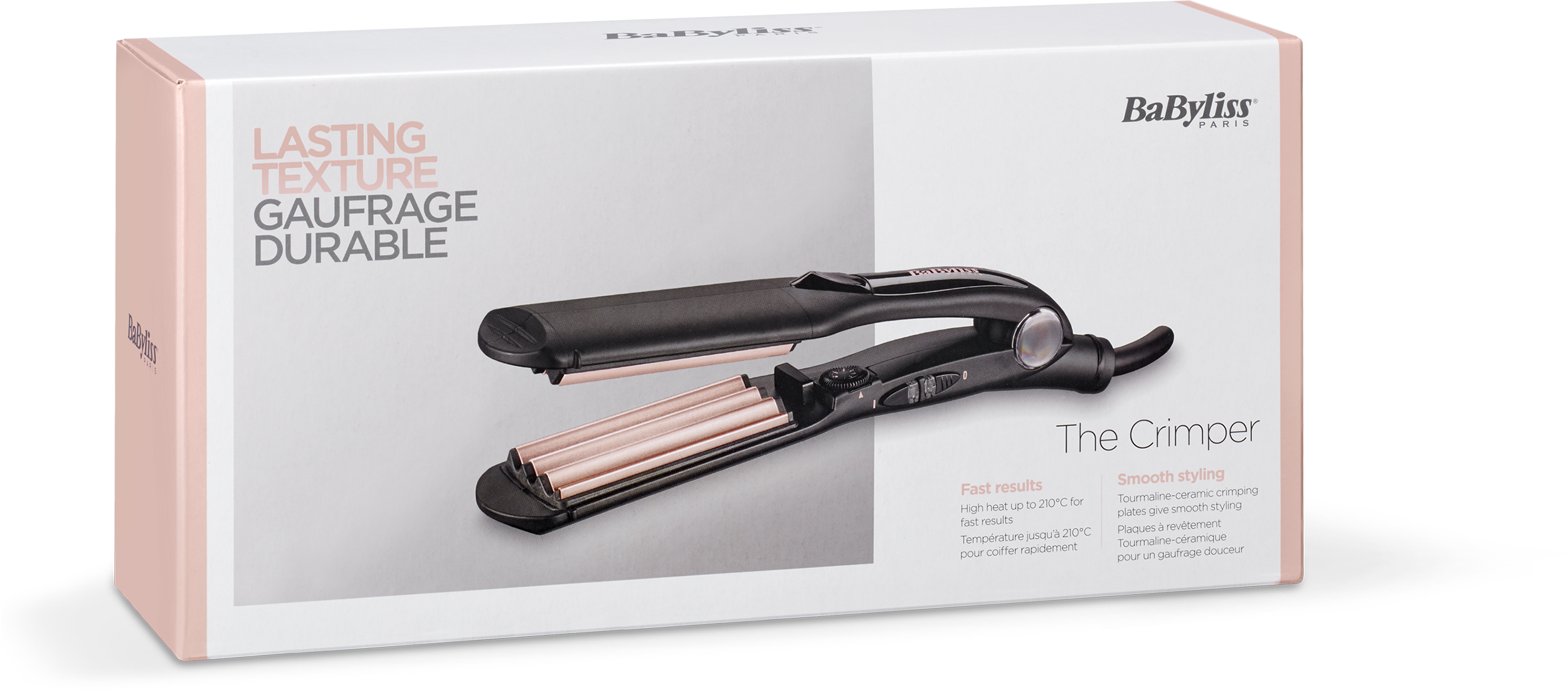 Egy BaByliss hajgöndörítő egy dobozon. Fekete és rózsaarany. A dobozon a felirat: 'LASTING TEXTURE' és 'The Crimper'.