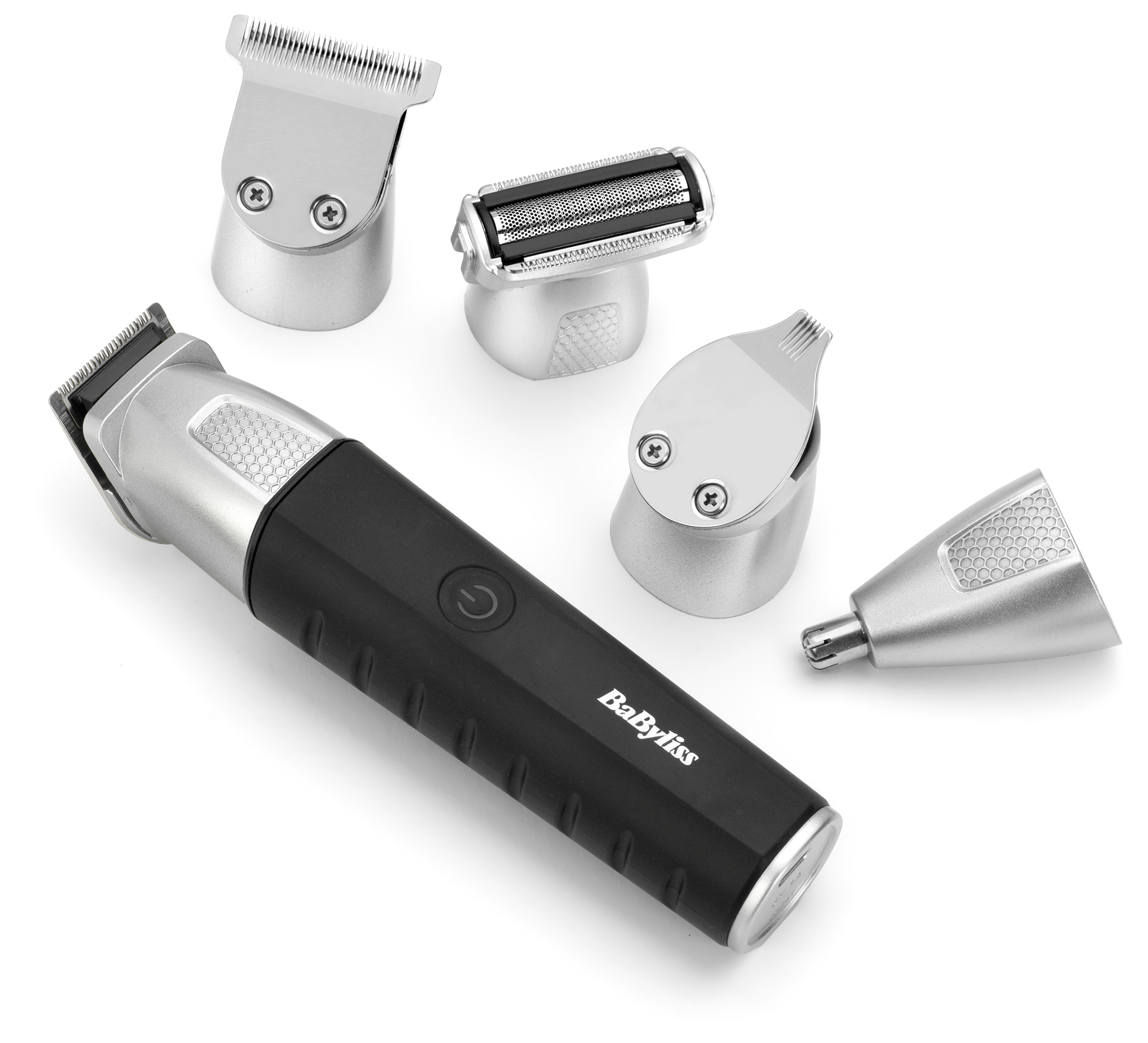 Fekete-ezüst BaByliss trimmer, négy cserélhető fejjel, borotva és trimmer tartozékokkal.