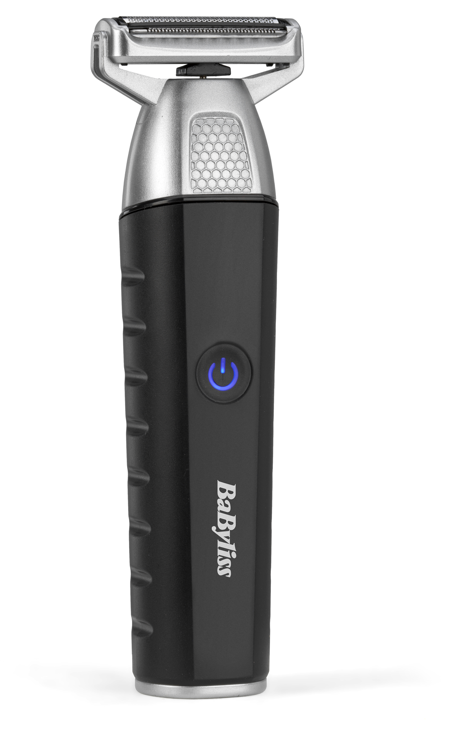 Egy fekete-ezüst BaByliss szakállvágó fehér háttéren. Van rajta egy bekapcsológomb.