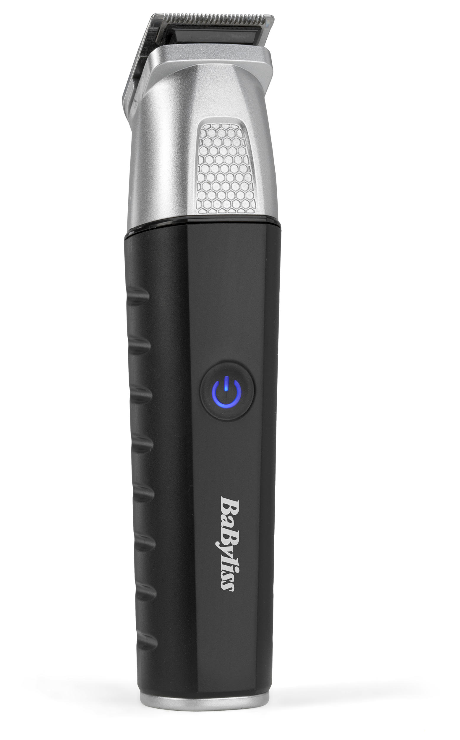 Fekete és ezüst Babyliss trimmelő. A trimmelő függőleges, bekapcsológombbal és a márkanévvel.