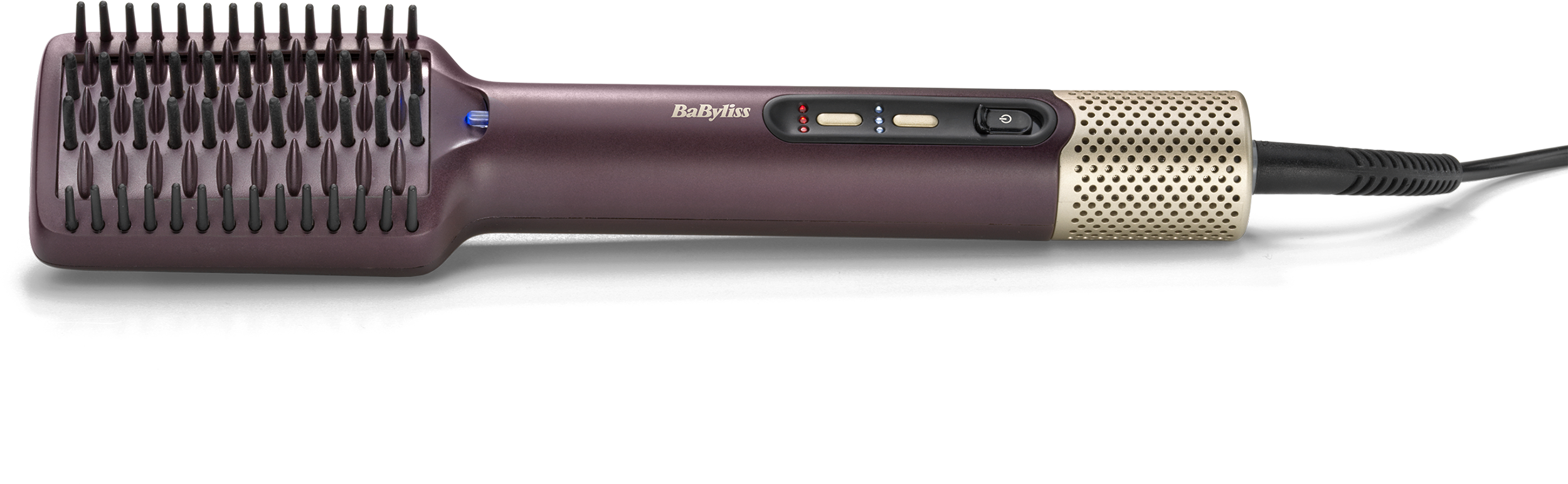 Babyliss hajformázó kefe. Lila teste, fekete sörtéi és arany színű fogantyúja van, a beállítások a hőfokszabályzóval.