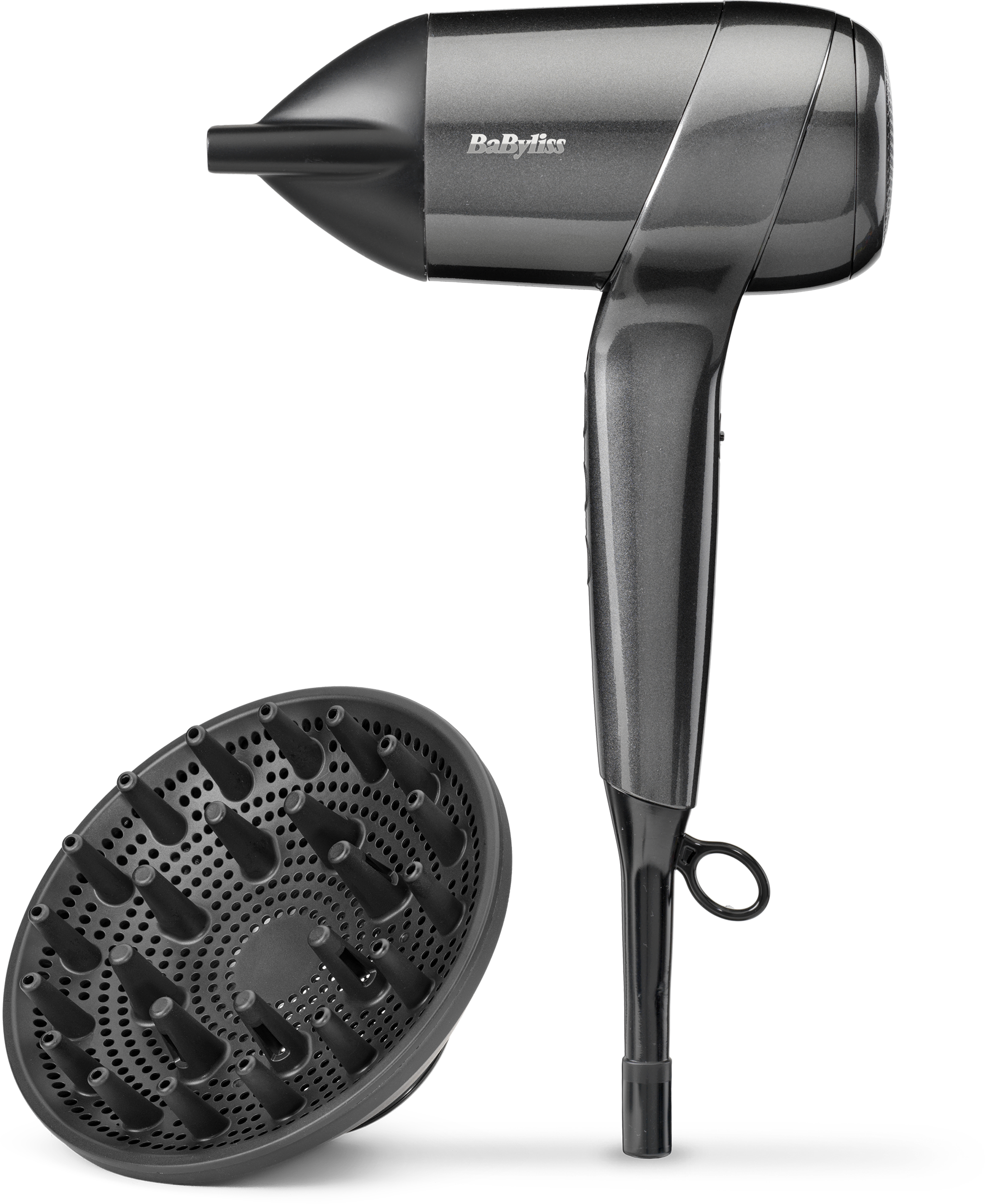 Egy szürke hajszárító és diffúzor fehér háttérrel. A hajszárítón a Babyliss márkanév látható.