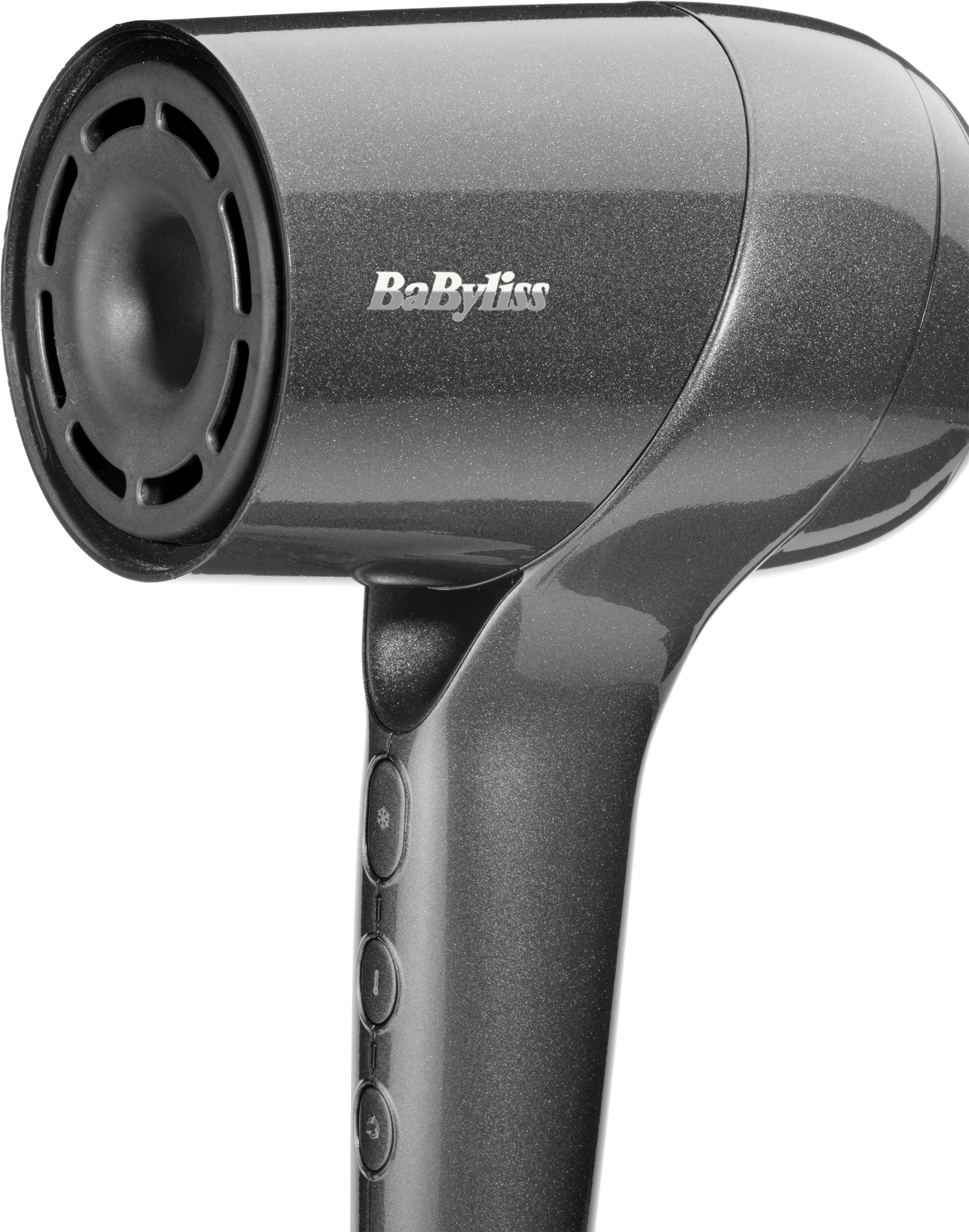Egy szürke BaByliss hajszárító három gombbal. A fúvóka kör alakú és több lyukkal rendelkezik. A háttér fehér.