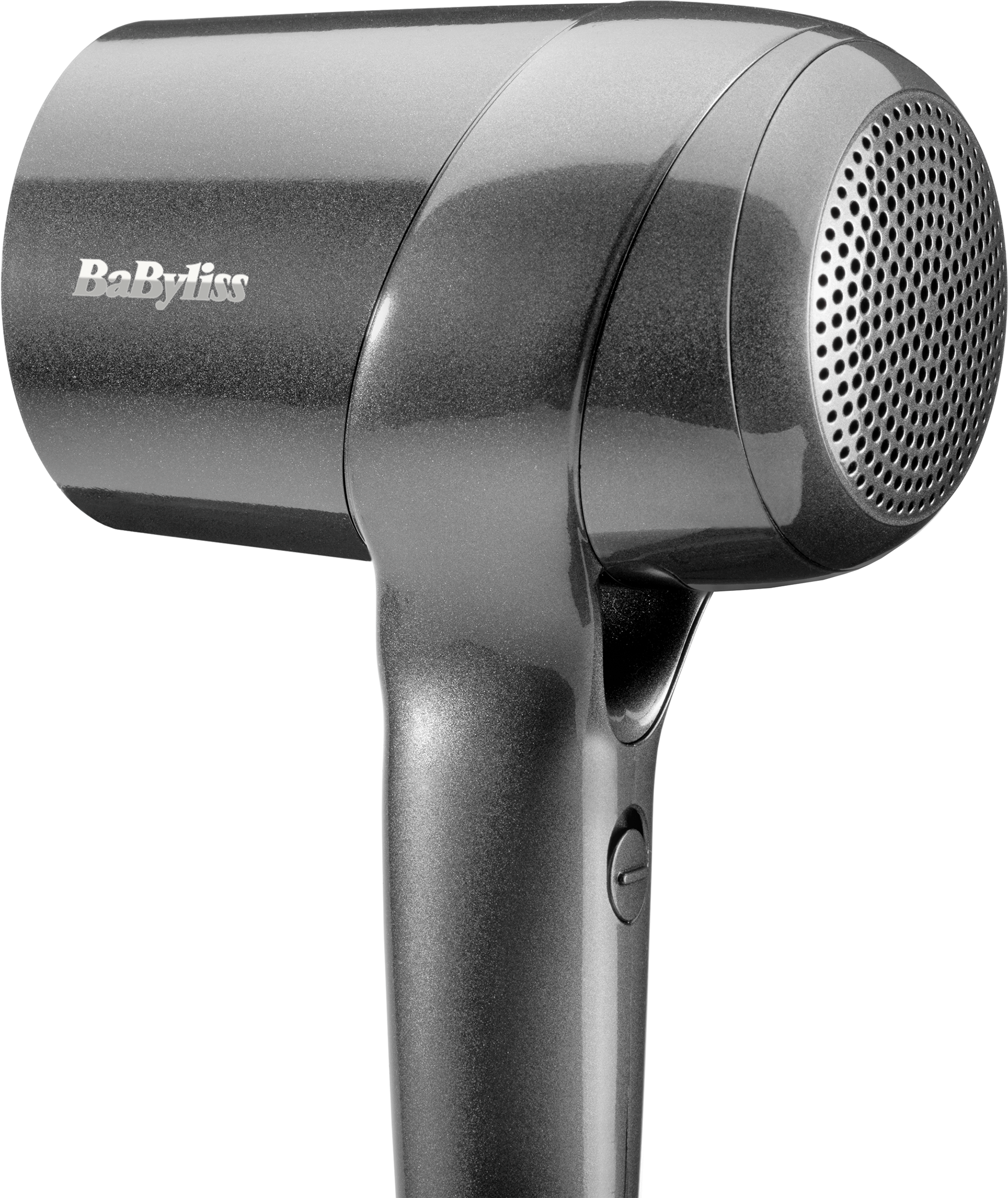 Szürke Babyliss hajszárító. Fogantyúja, teste és lyukacsos fúvókája van.
