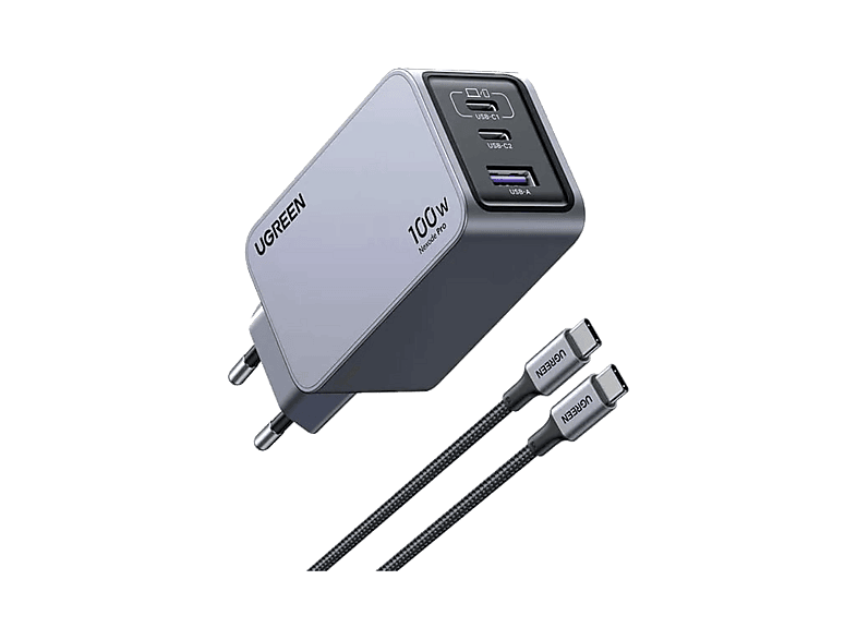 Cargador de pared - Ugreen UGR25874, Universal, 100W, 2x USB-C, 1x USB-A, Carga Rápida, Negro