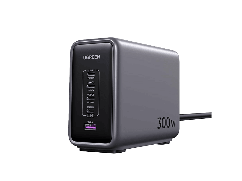 Cargador para portátil - Ugreen 90903B, Universal, 1x USB-A, 4x USB-C, 300 W, Gris