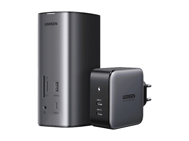 Docking station - Ugreen 90325, 4x USB-A, 3x USB-C ,LAN RJ45, Salida de audio, Lector tarjetas, 1x HDMI, DisplayPort, Gris