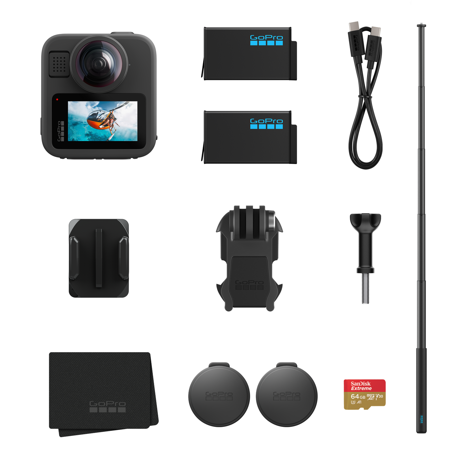 Cámara GoPro con accesorios, incluyendo baterías, cable, soporte, cubiertas, tarjeta SD y un palo selfie, todo sobre fondo blanco.
