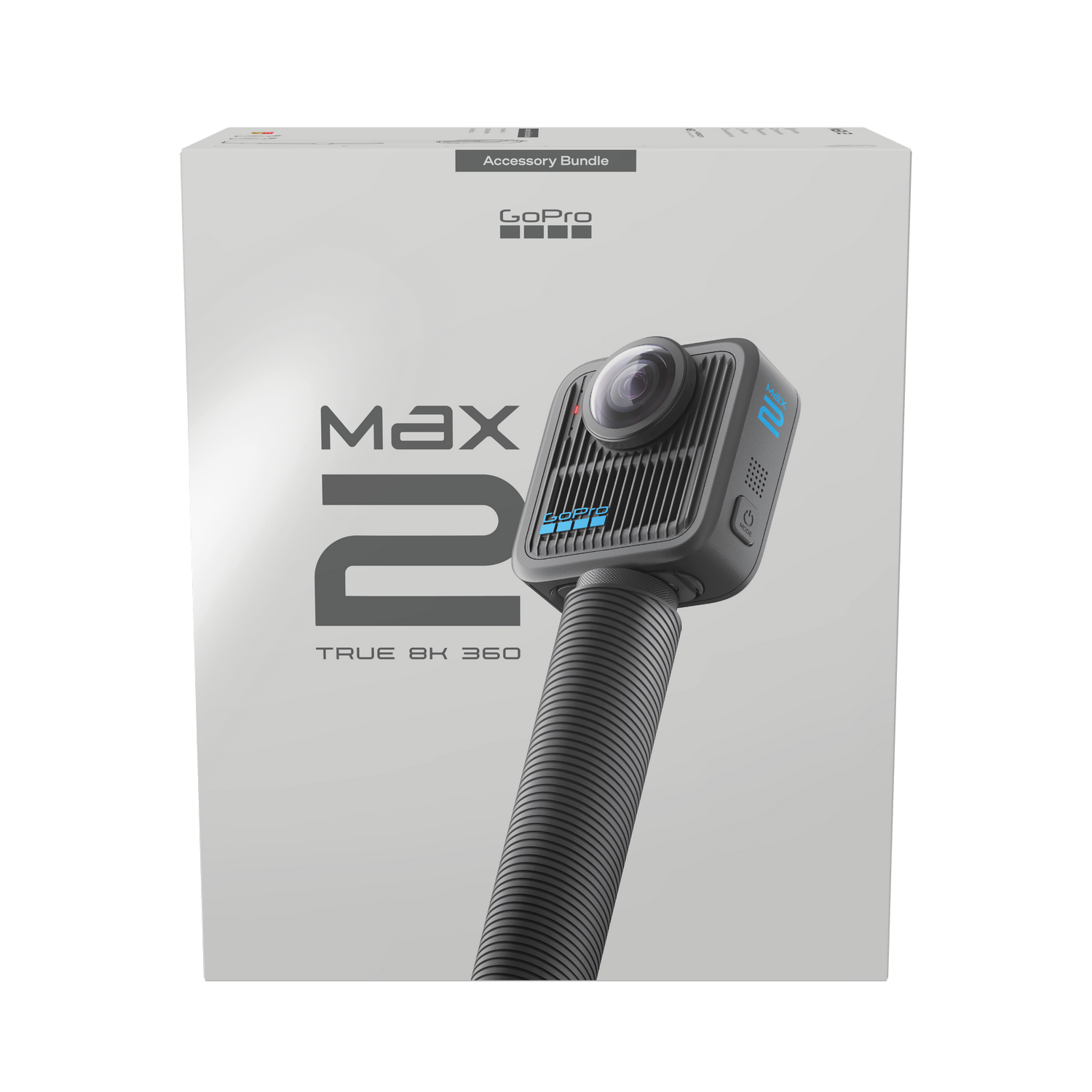 Cámara GoPro Max 2 con caja. La cámara es negra con lente y mango. La caja es blanca con el logotipo de GoPro.