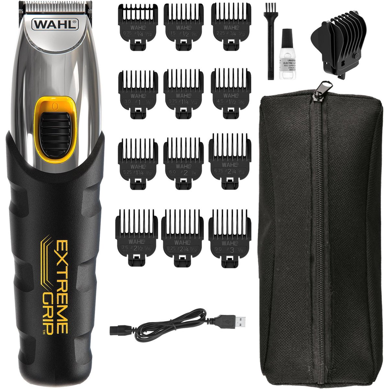 A Wahl Extreme Grip hair clipper kit. Includes clipper, guards, oil, brush, charging cable, and a black storage bag.