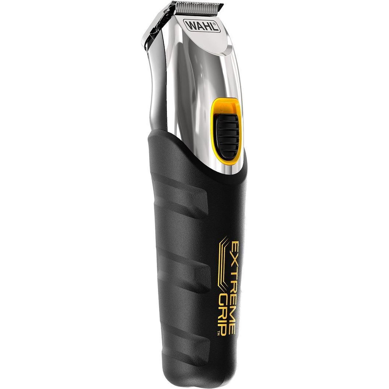 A Wahl Extreme Grip trimmer. It has a black handle with yellow accents and a silver head.