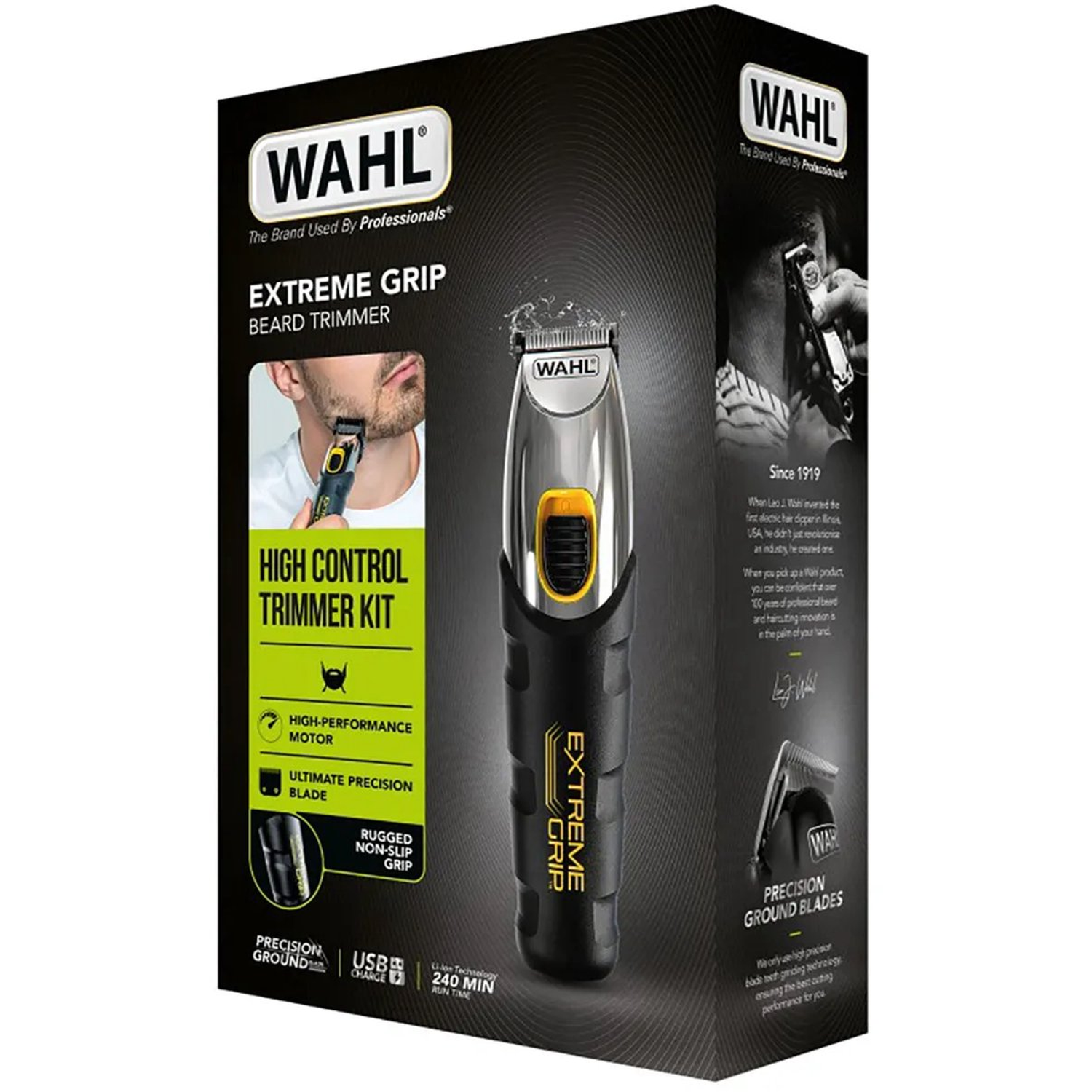 Box of Wahl Extreme Grip beard trimmer. Features include high-performance motor and precision blades.
