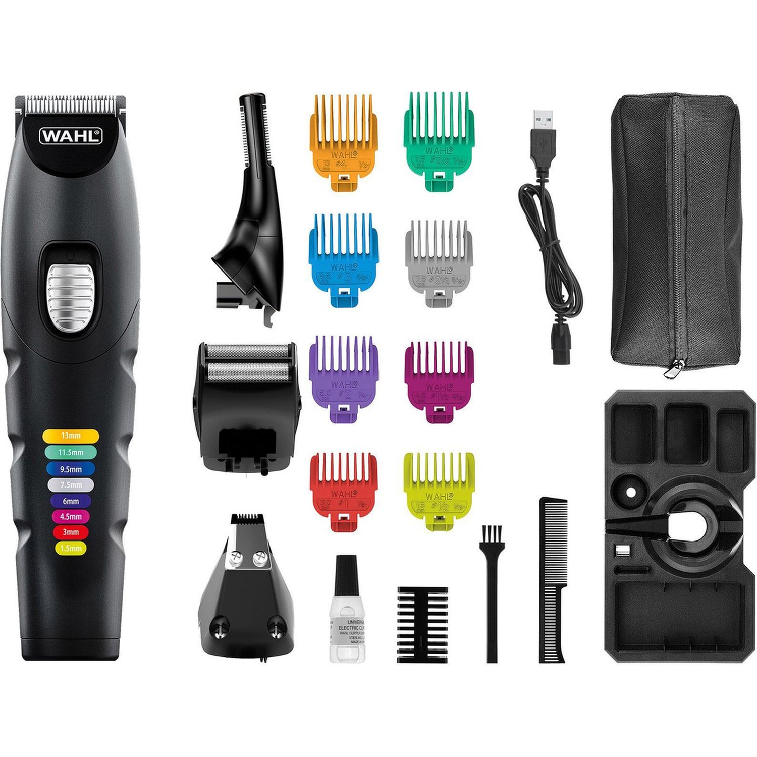 A black Wahl hair clipper kit with various attachments, combs, and a charging cable, arranged on a white background.