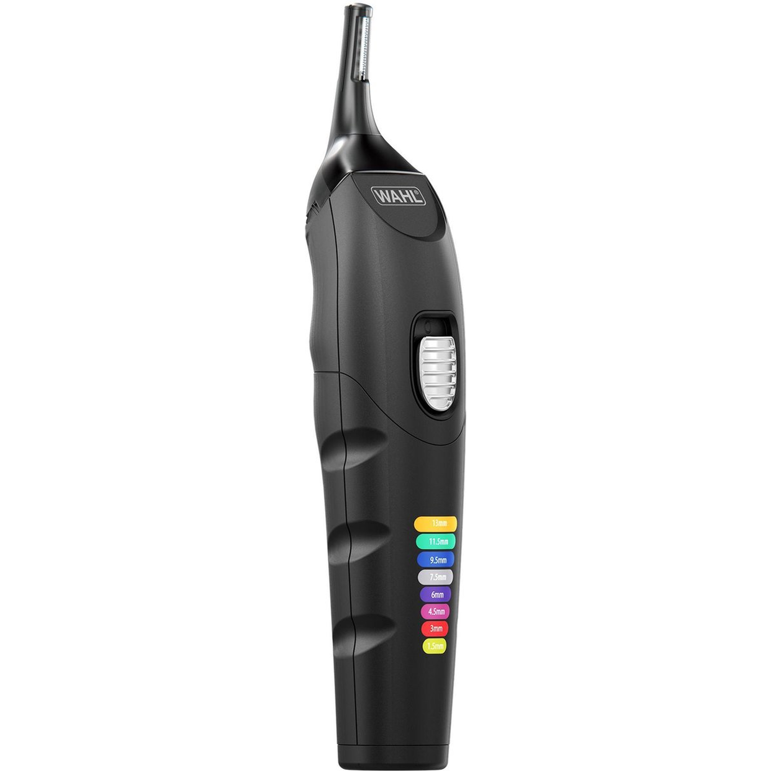 Black Wahl trimmer with multiple colored length settings and a silver blade. The trimmer sits against a white background.