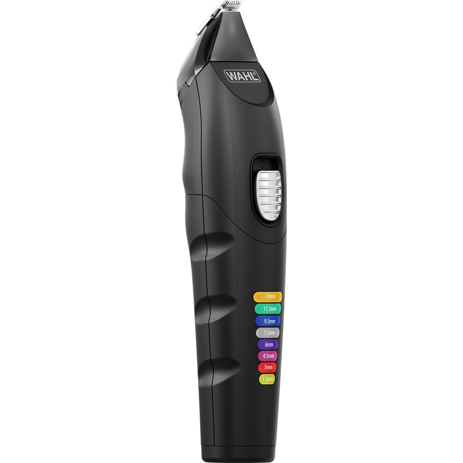A black Wahl hair trimmer, with length settings indicated by colored bars. The trimmer is on a white background.