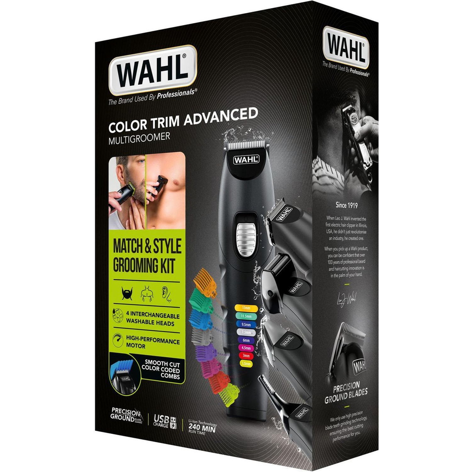 Wahl Color Trim Advanced Multigroomer box. Features clipper, combs, and grooming kit details. Black background with product images.