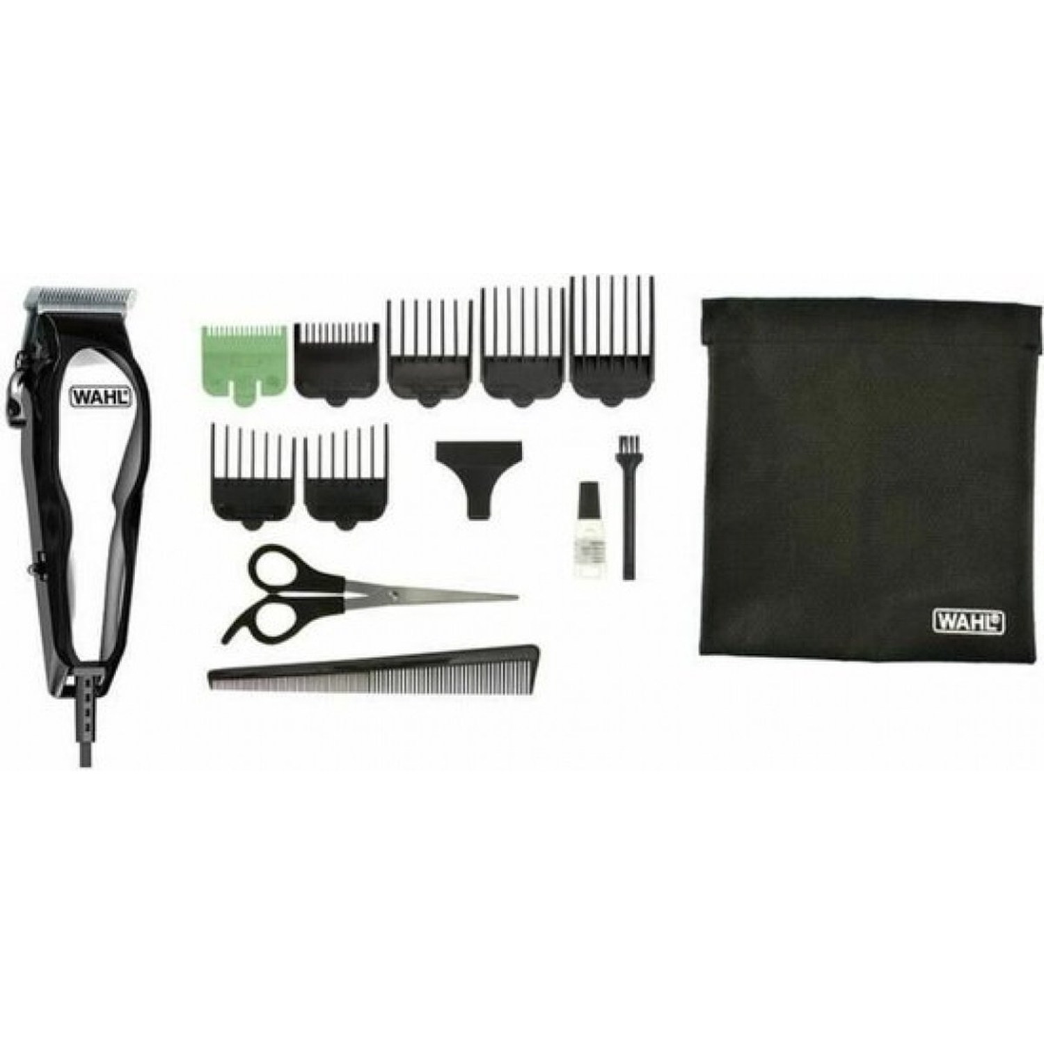 A Wahl hair clipper set on a white background. Includes clippers, guards, scissors, comb, oil, brush, and a black bag.
