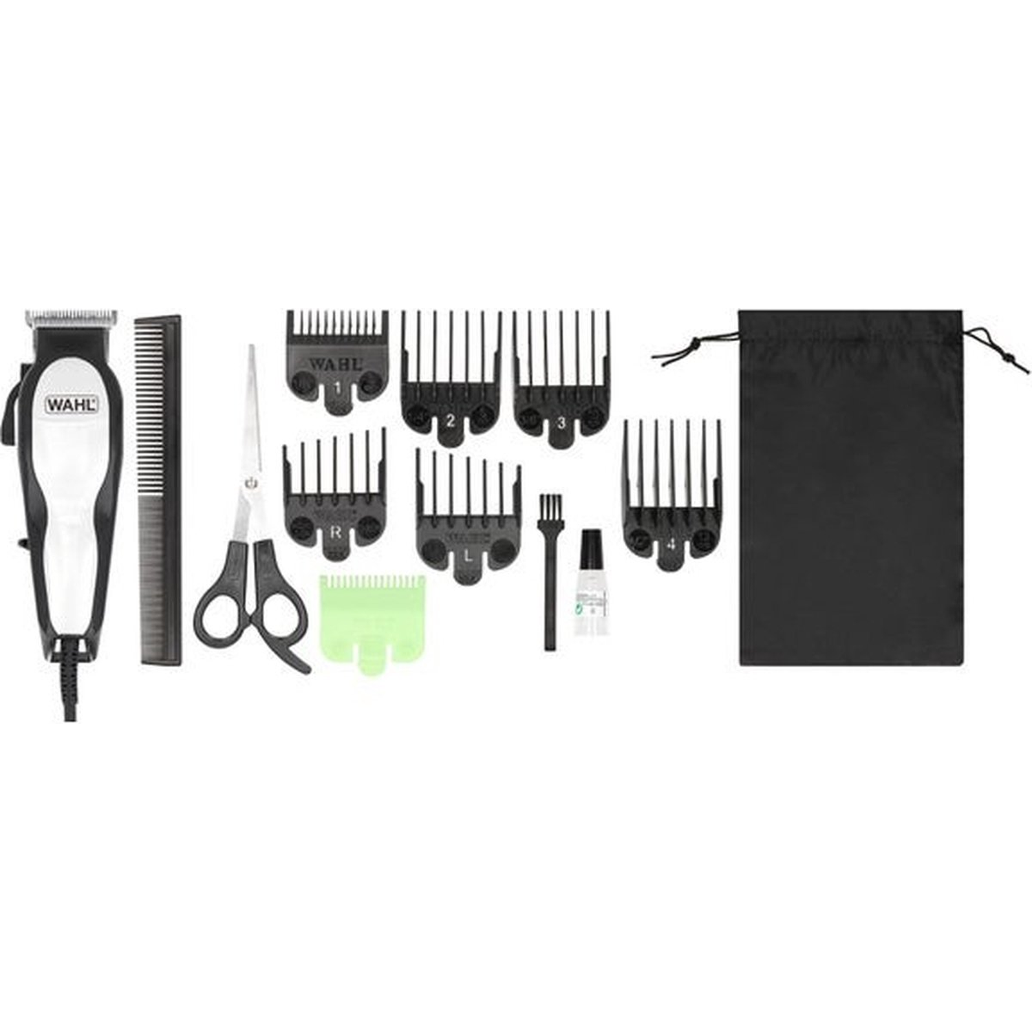A grooming kit with a Wahl clipper, comb, scissors, various clipper guards, a small brush, oil, and a black drawstring bag.