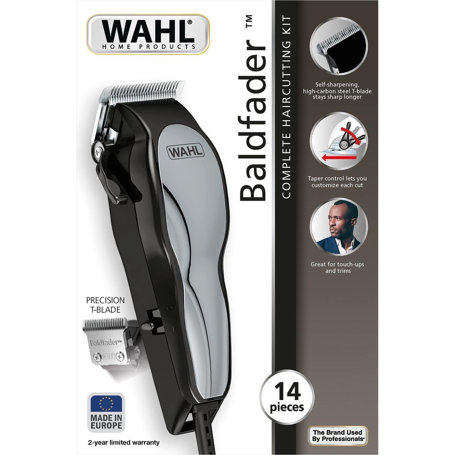 A Wahl Baldfader hair cutting kit. The package shows the clipper, details of its features, and a picture of a man.