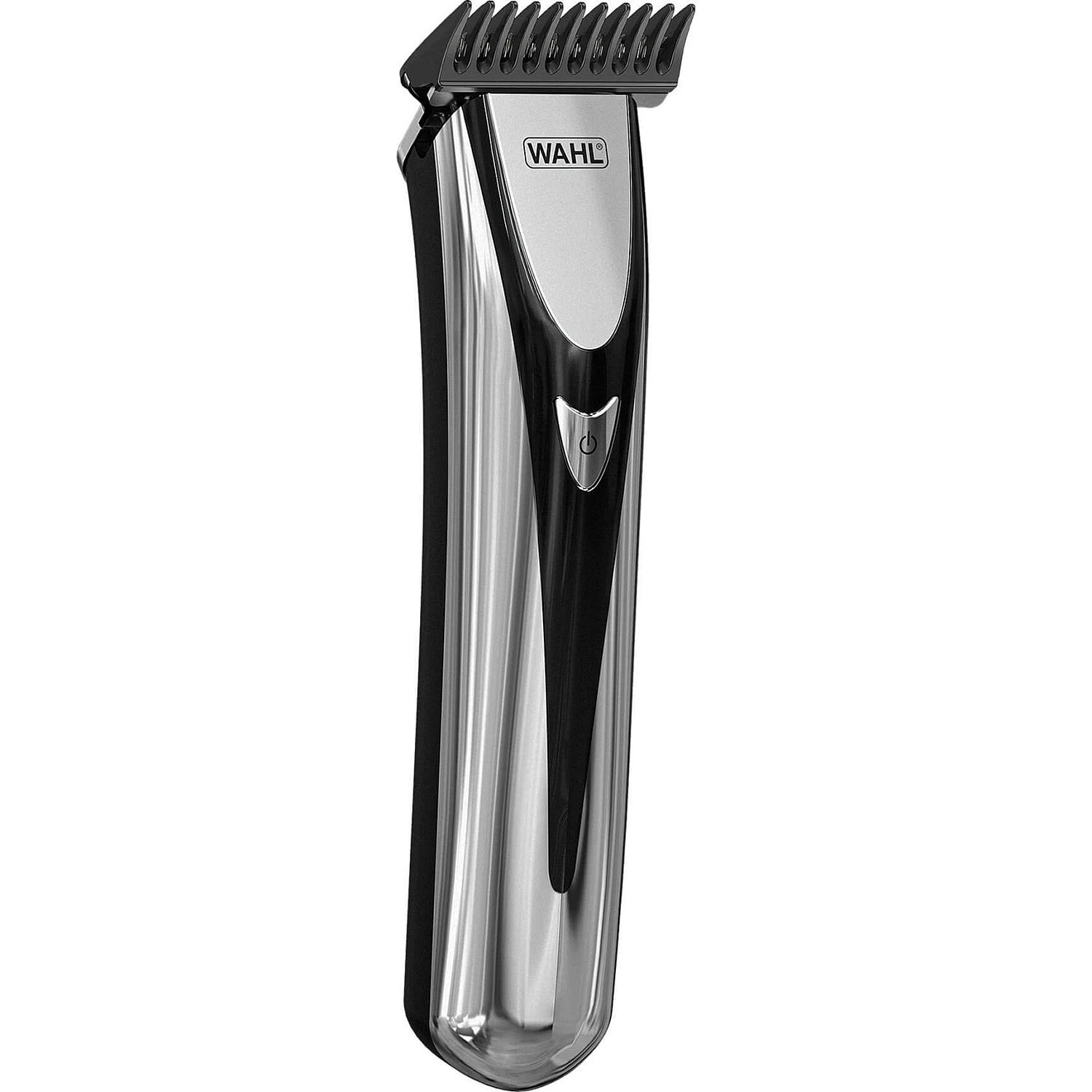 A Wahl beard trimmer. It's silver and black with a black comb attachment. The power button is visible.