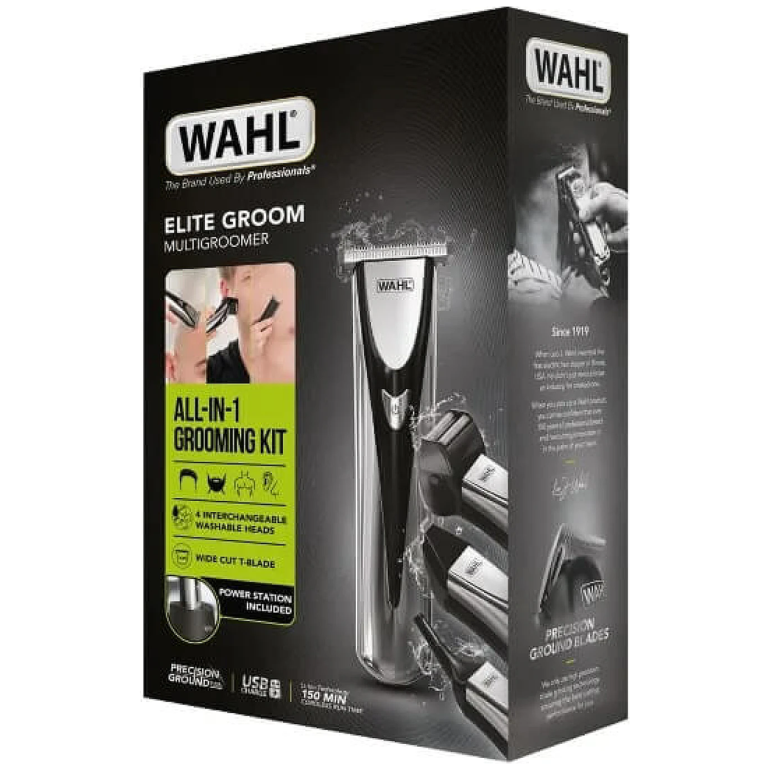 A Wahl Elite Groom multigroomer kit box. It features a trimmer, interchangeable heads, and grooming kit details.