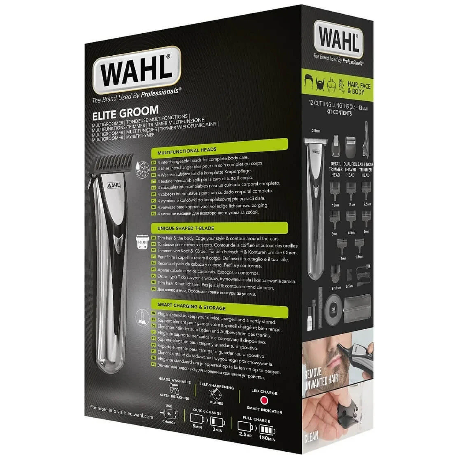 Wahl Elite Groom box. It shows the product, a multi-groomer, with cutting lengths and multifunctional heads.