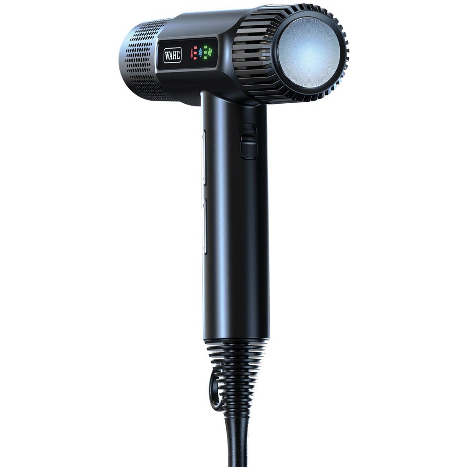 A black hair dryer. It has the brand name 'WAHL' on it. The handle is long and the nozzle is round. The cord is at the bottom.